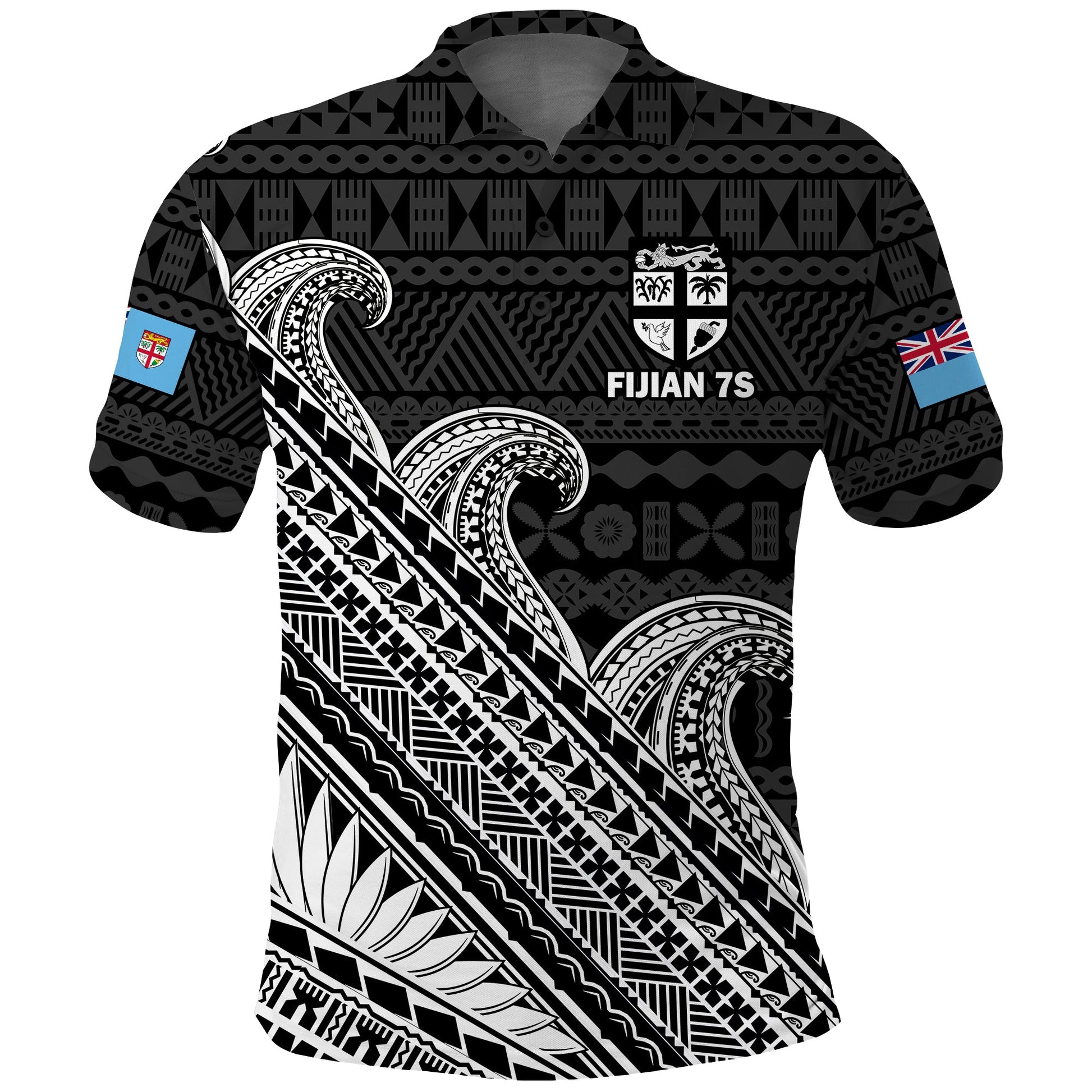 (Custom Text And Number) Fiji Sevens Rugby Fijian 7s Black Tapa Polynesian Art Polo Shirt LT14