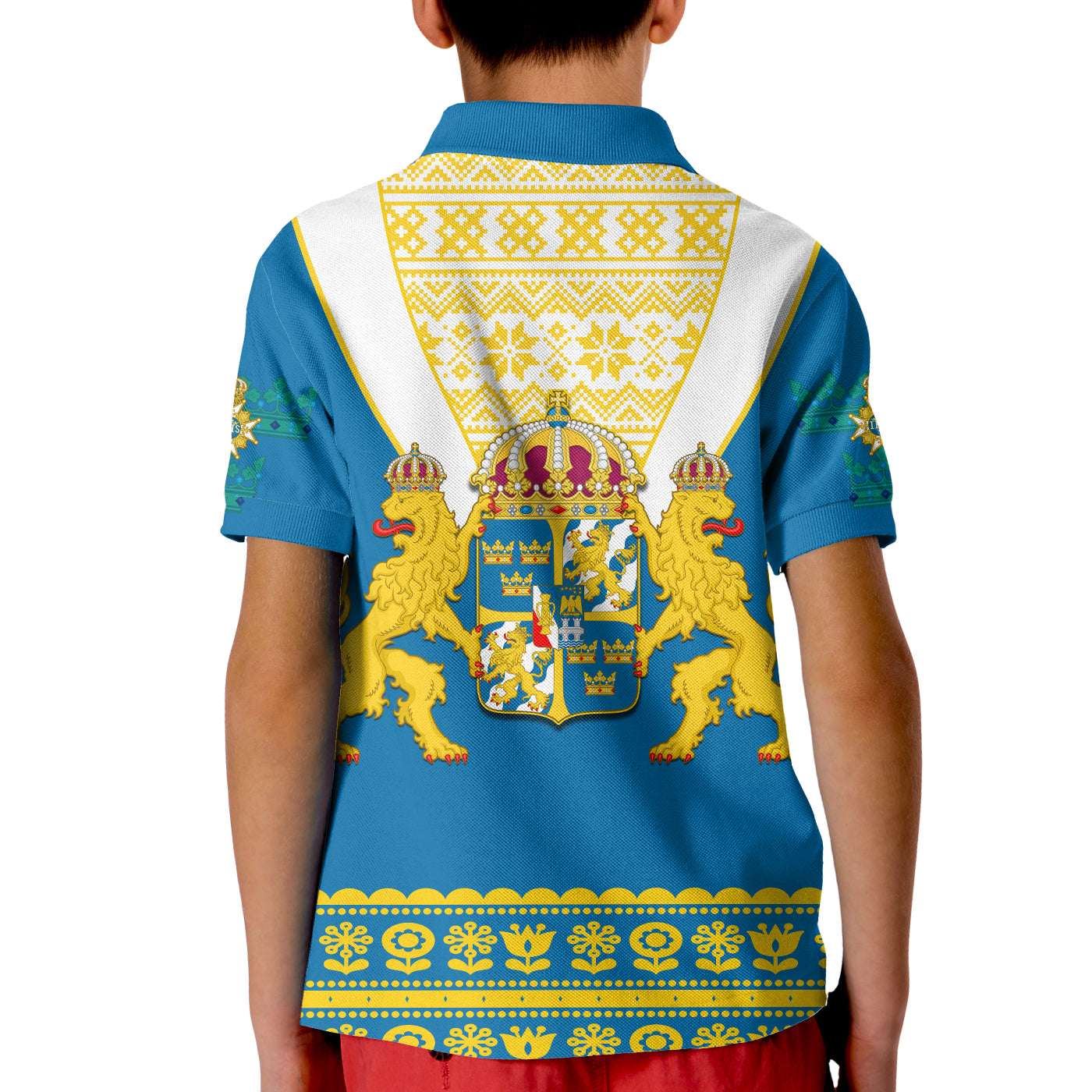 Sweden Polo Shirt Swedish Coat Of Arms With Scandinavian Flowers LT14