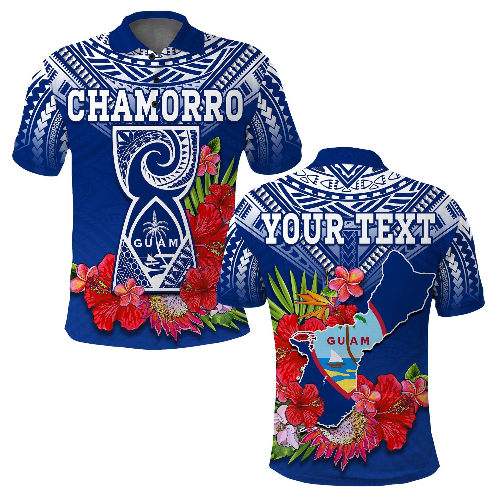 Custom Chamorro Guam Polo Shirt Guaman Latte Stone Tropical Flowers Blue Version LT14