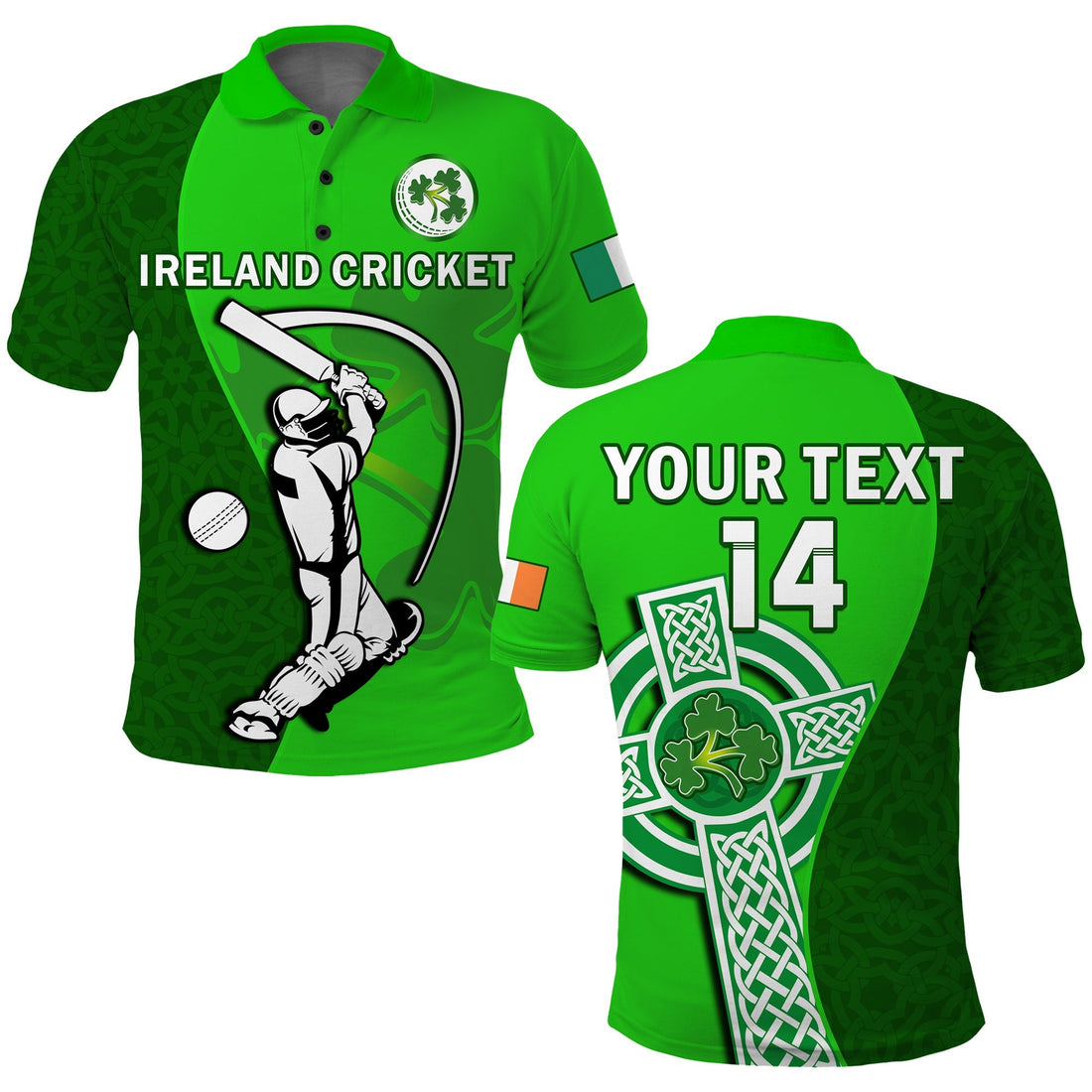 (Custom Text And Number) Ireland Cricket Polo Shirt Irish Flag Celtic Cross Sporty Style LT14