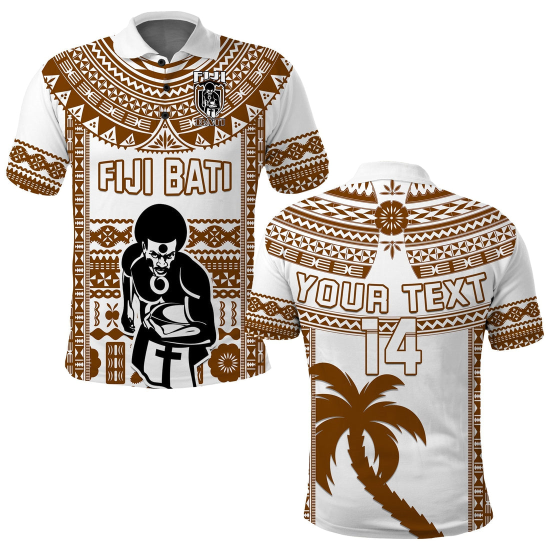 Custom Text And Number Fiji Rugby Polo Shirt Pacific The Bati Brown Fijian Tapa LT14