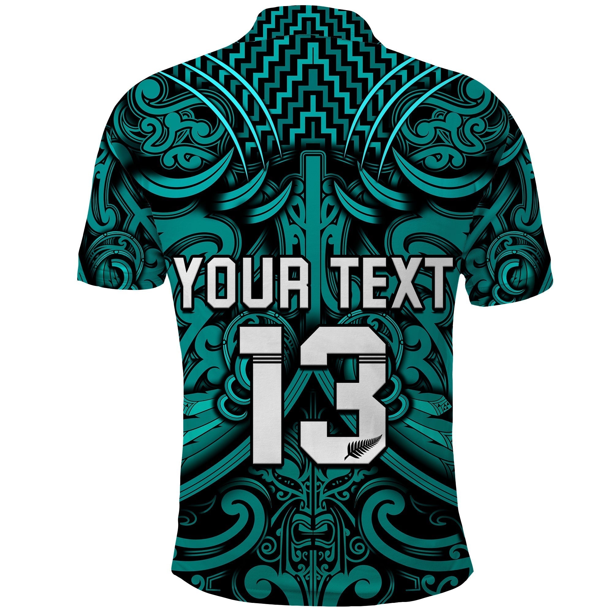 Custom Text and Number New Zealand Silver Fern Rugby Polo Shirt All Black Turquoise NZ Maori Pattern LT13