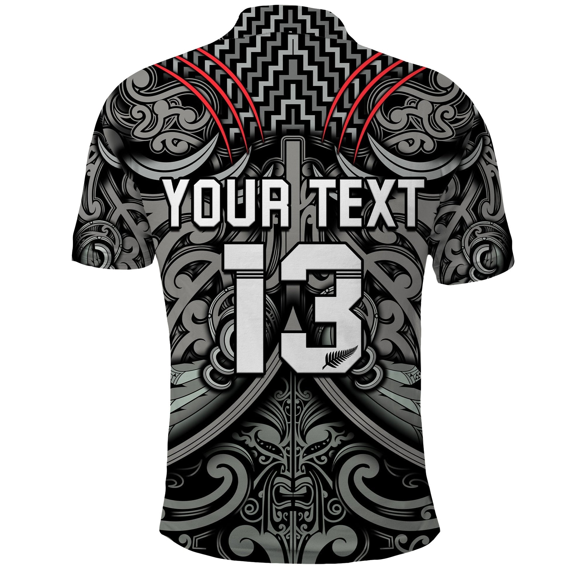 Custom Text and Number New Zealand Silver Fern Rugby Polo Shirt All Black NZ Maori Pattern LT13