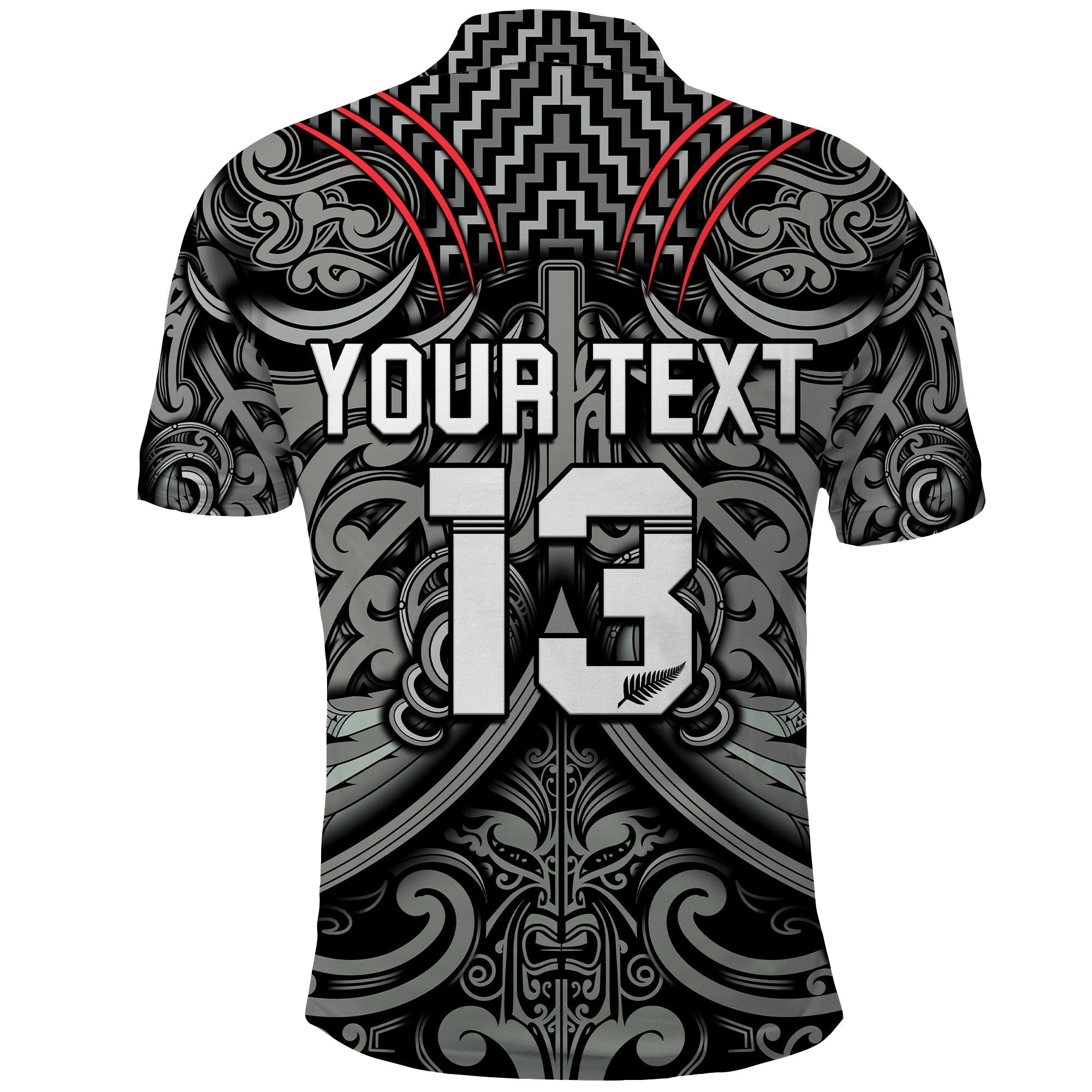 Custom Text and Number New Zealand Silver Fern Rugby Polo Shirt All Black NZ Maori Pattern LT13
