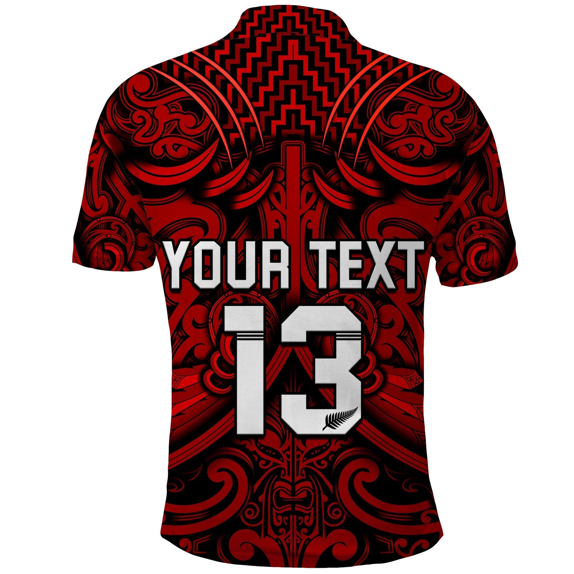 Custom Text and Number New Zealand Silver Fern Rugby Polo Shirt All Black Red NZ Maori Pattern LT13