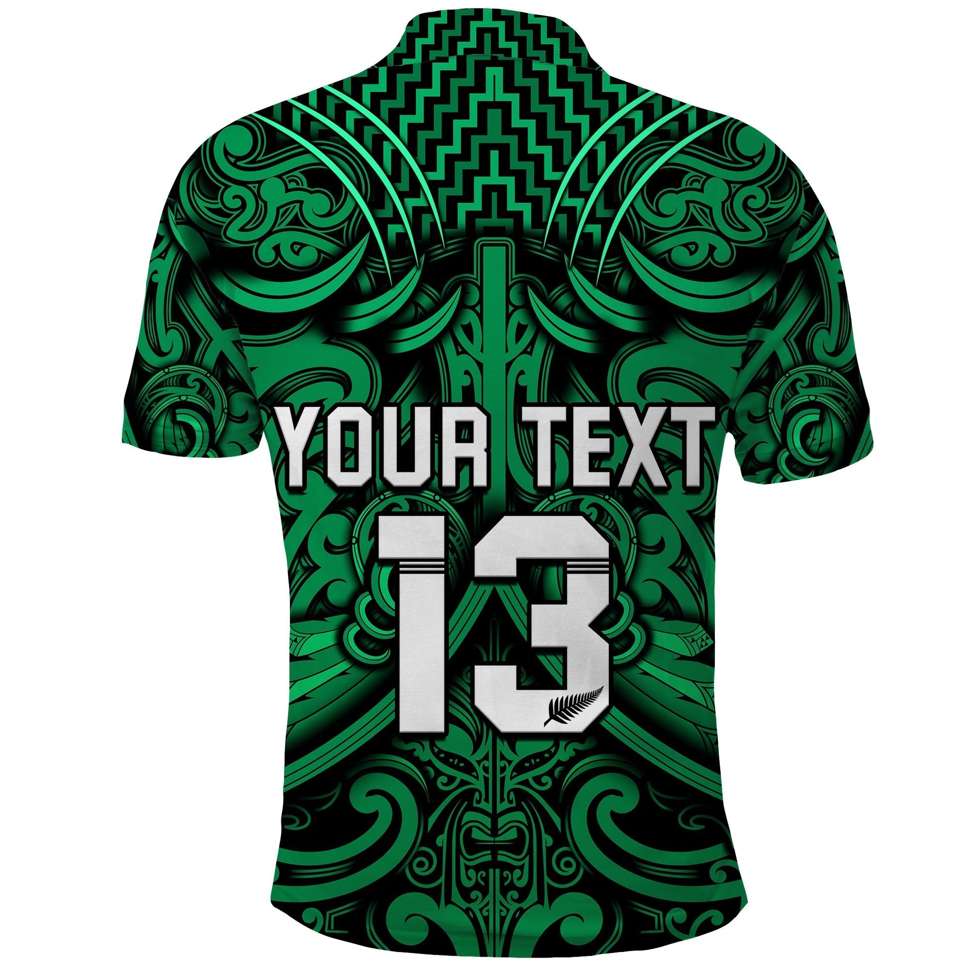 Custom Text and Number New Zealand Silver Fern Rugby Polo Shirt All Black Green NZ Maori Pattern LT13