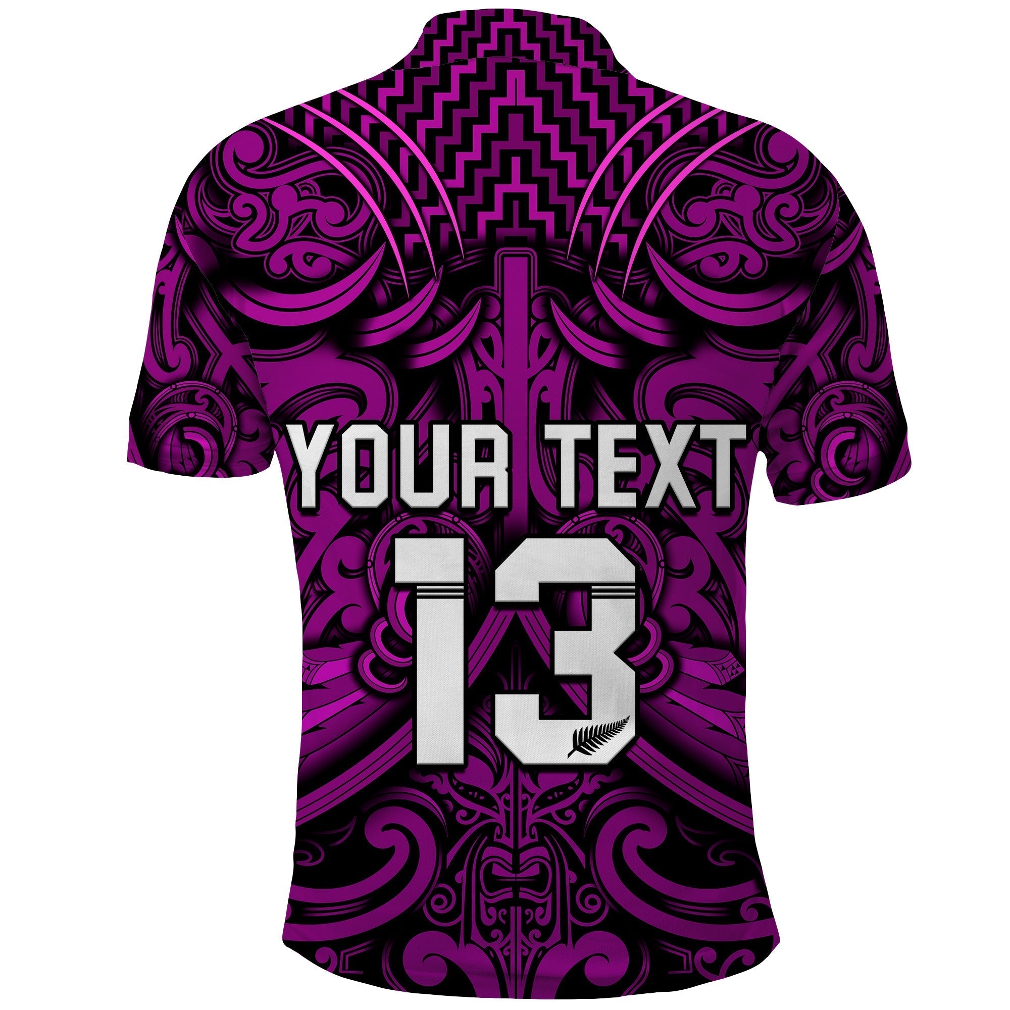 Custom Text and Number New Zealand Silver Fern Rugby Polo Shirt All Black Purple NZ Maori Pattern LT13