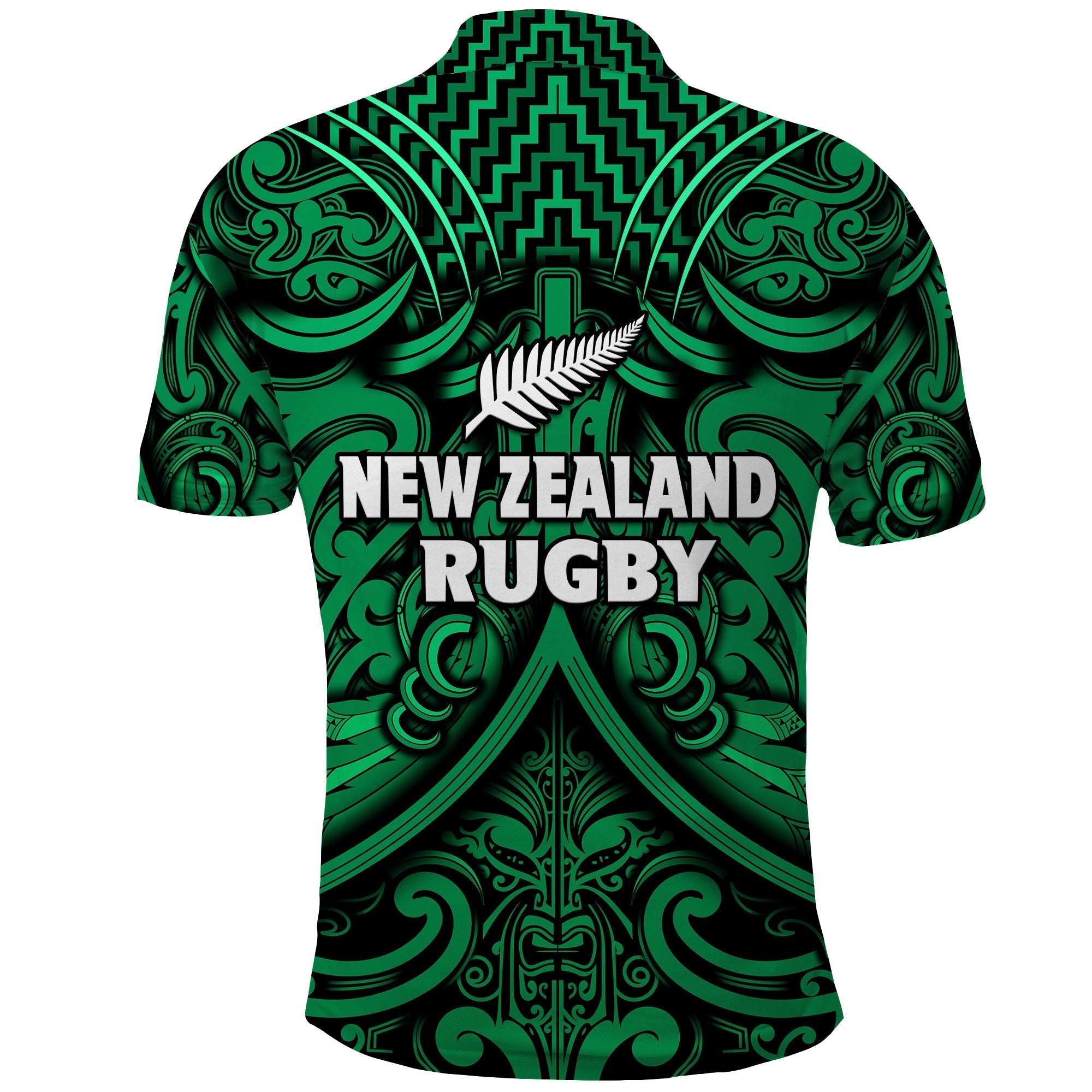 New Zealand Silver Fern Rugby Polo Shirt All Black Green NZ Maori Pattern LT13
