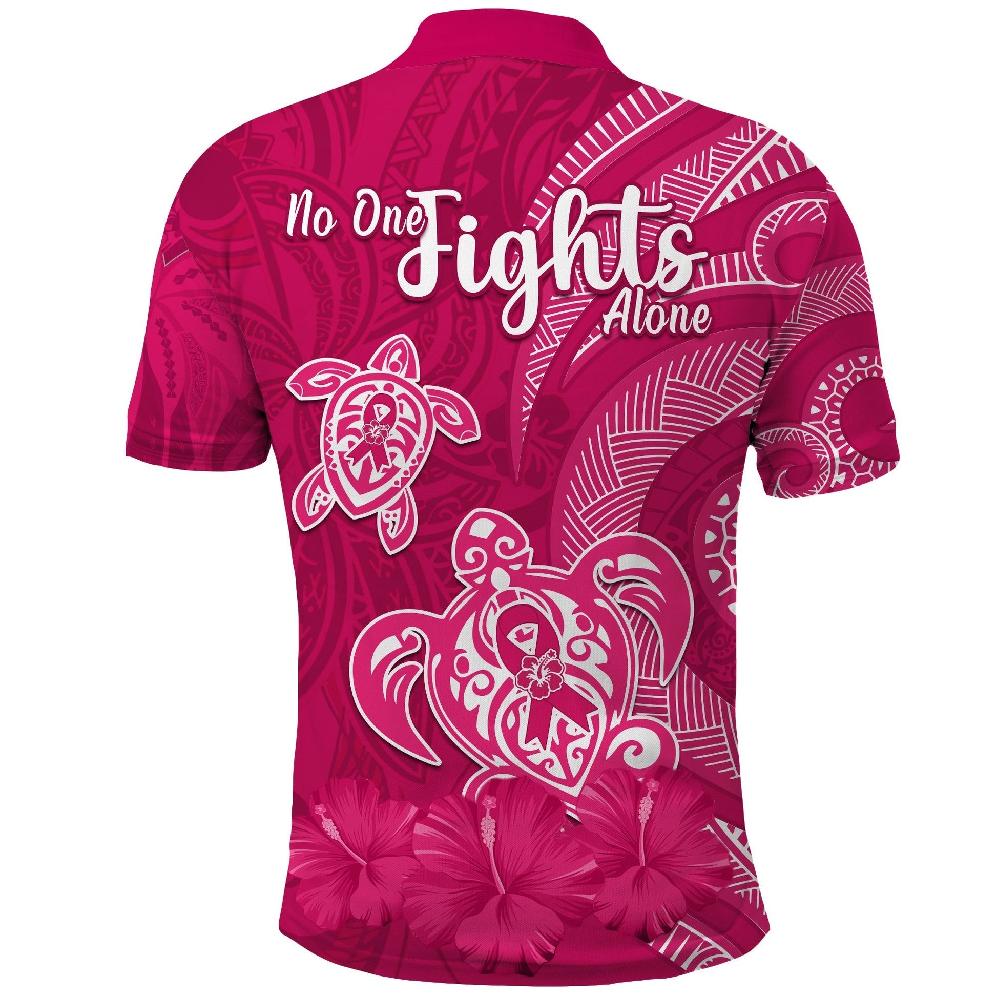 Breast Cancer Awareness Polo Shirt Hibiscus Polynesian No One Fights Alone LT13