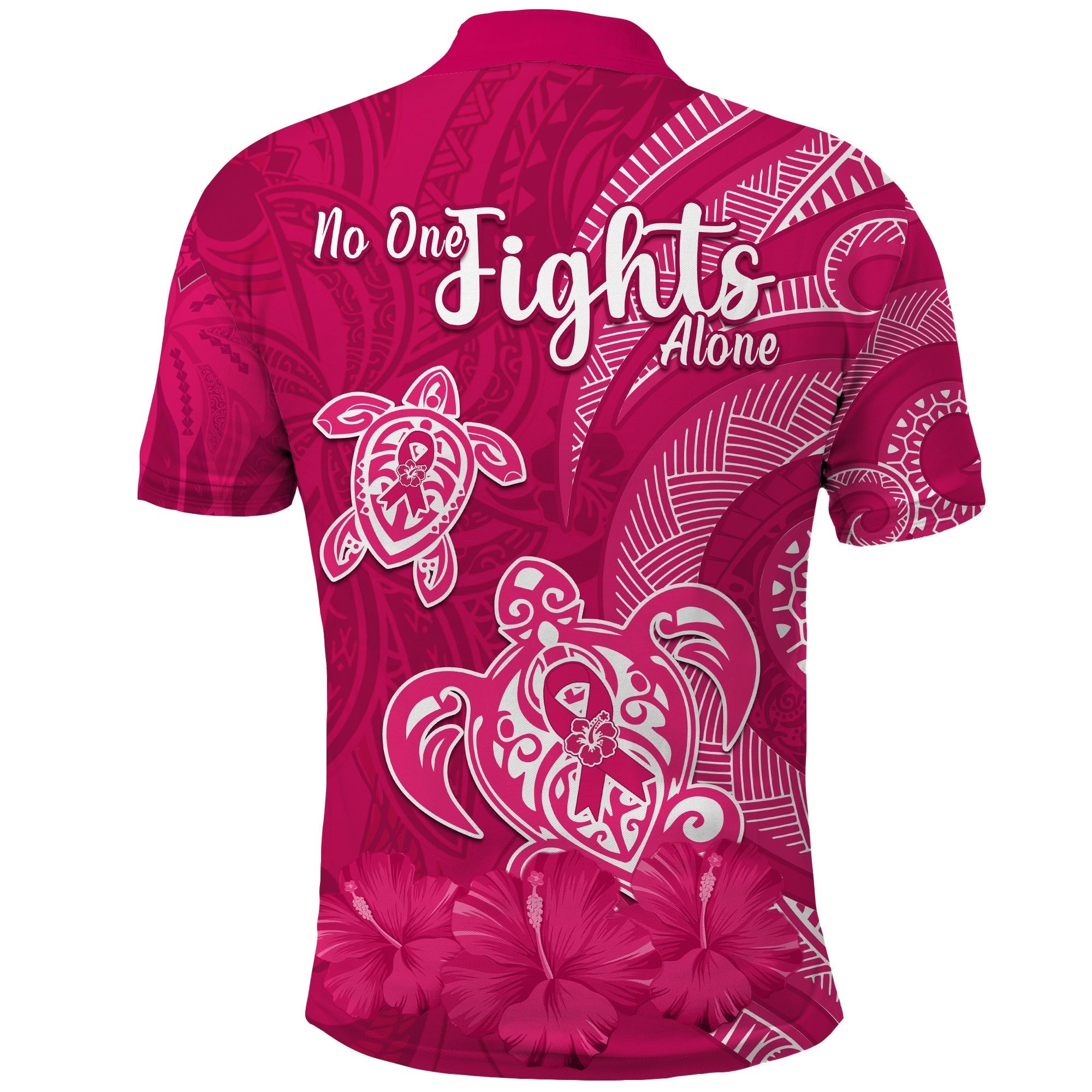 Breast Cancer Awareness Polo Shirt Hibiscus Polynesian No One Fights Alone LT13