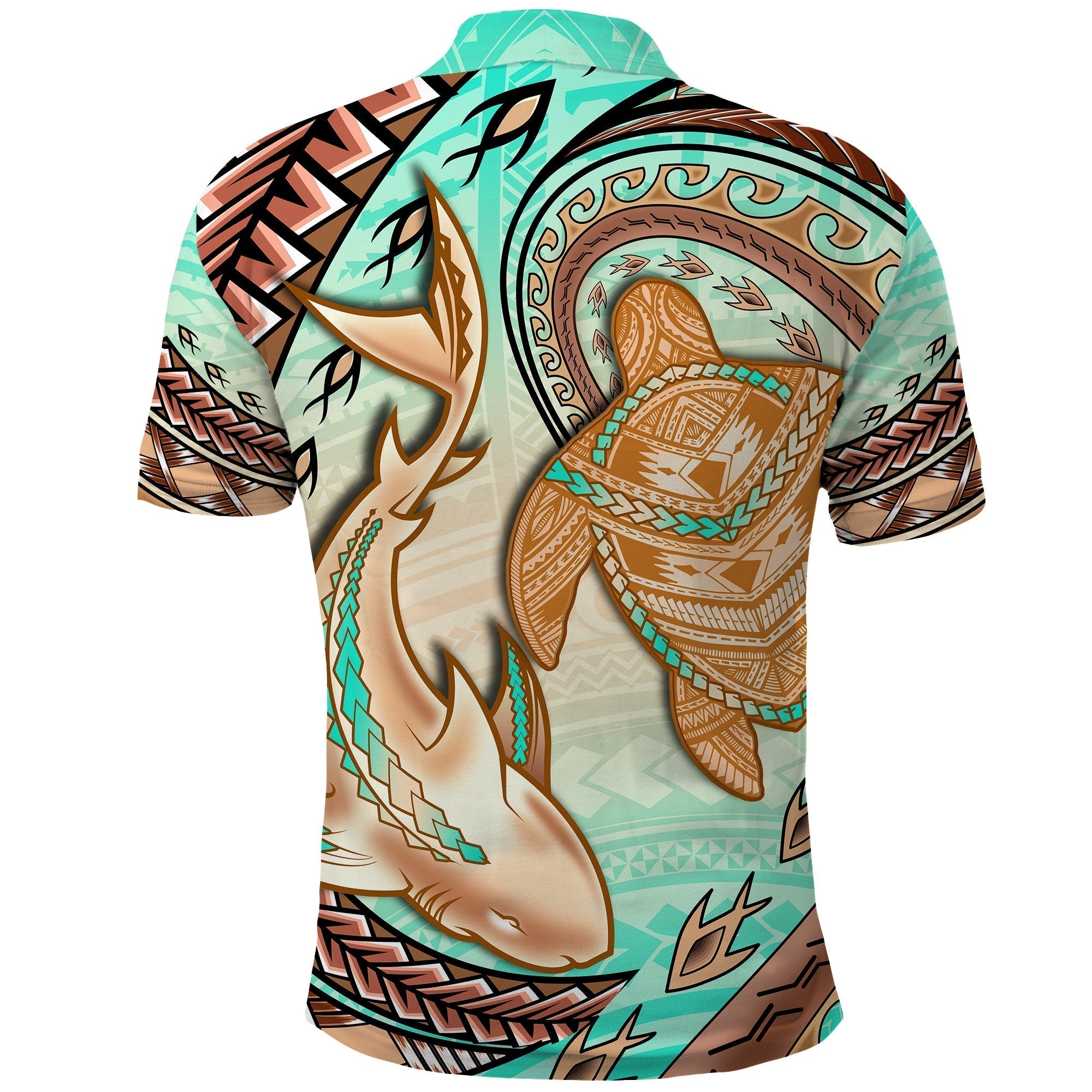 Hawaii Polo Shirt Polynesian Shark And Sea Turtle Dreamy Turquoise Artsy LT14