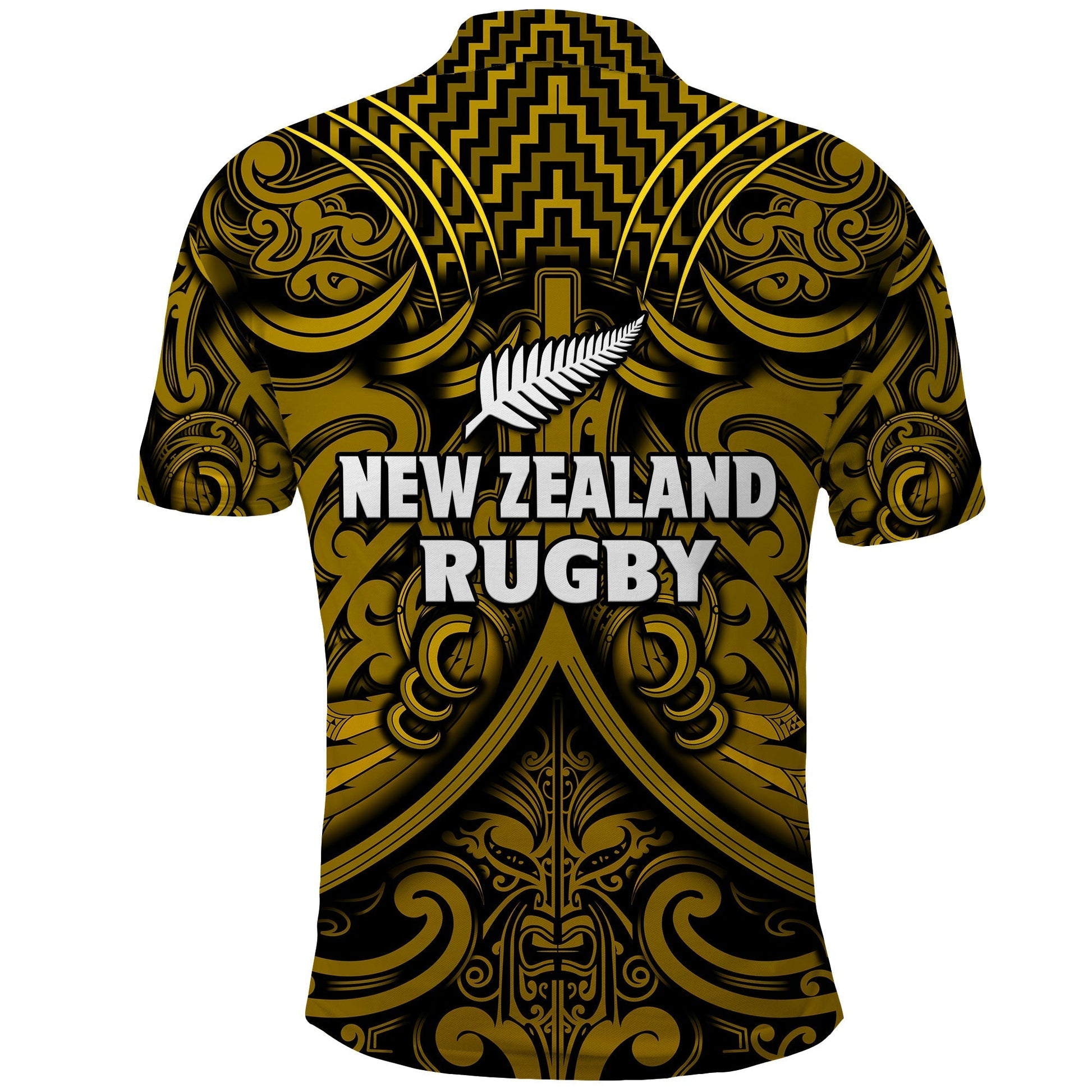 New Zealand Silver Fern Rugby Polo Shirt All Black Gold NZ Maori Pattern LT13