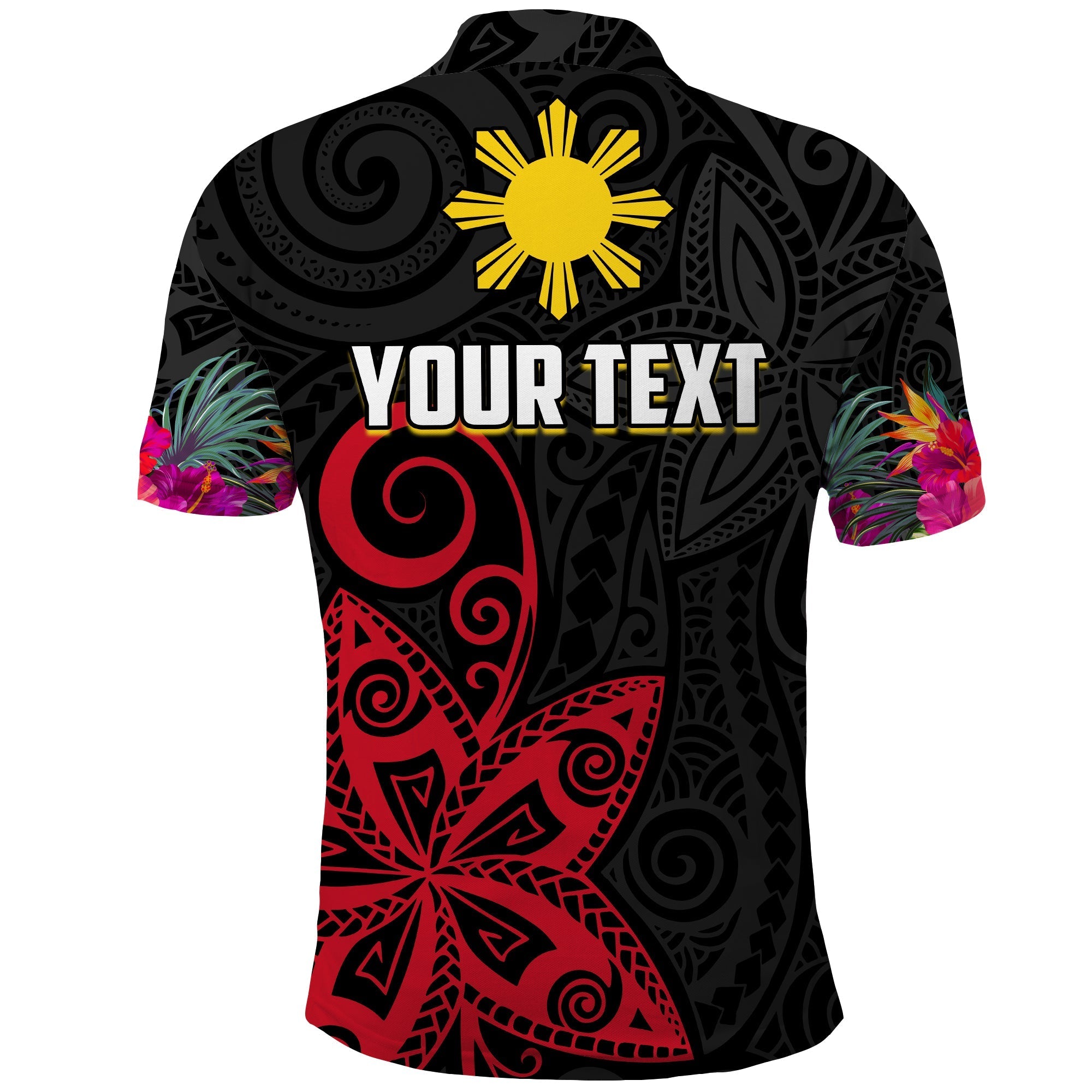 Custom Philippines Polo Shirt Sun Filipino Polynesian mix Flowers Black Vibe LT13