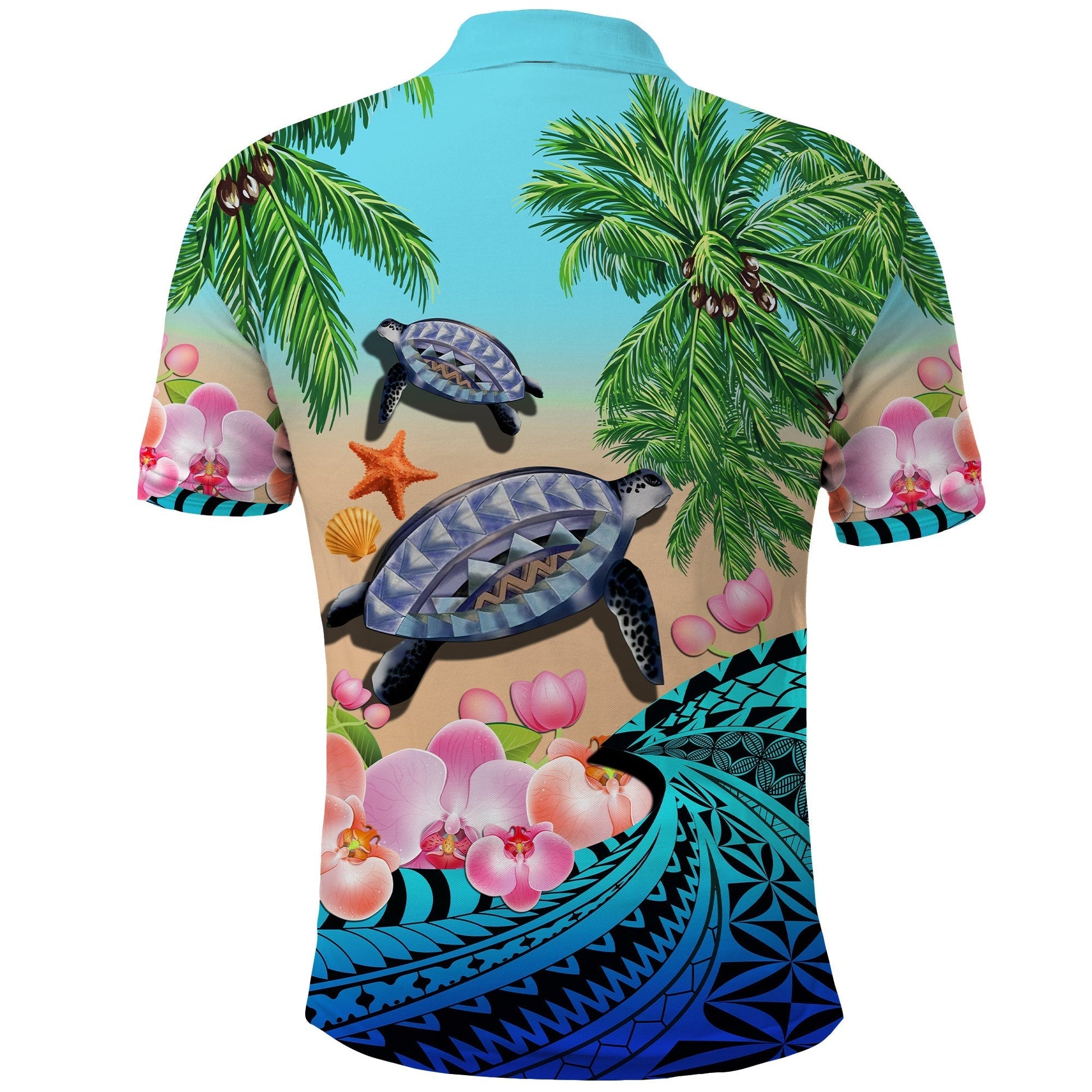 Polynesian Turtle Coconut Tree And Orchids Polo Shirt LT14