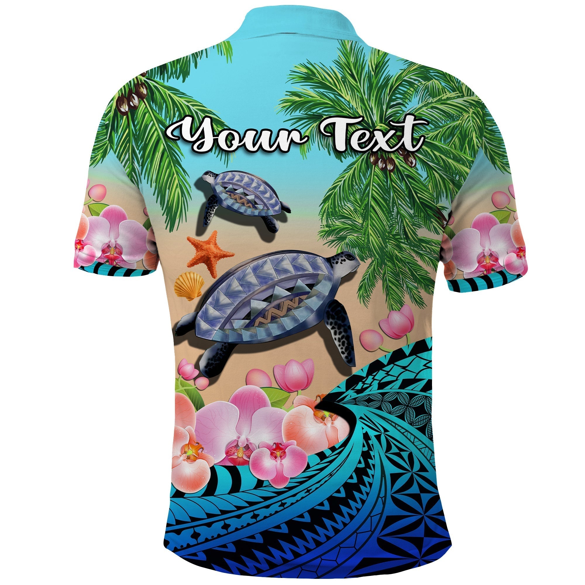 Custom Polynesian Turtle Coconut Tree And Orchids Polo Shirt LT14