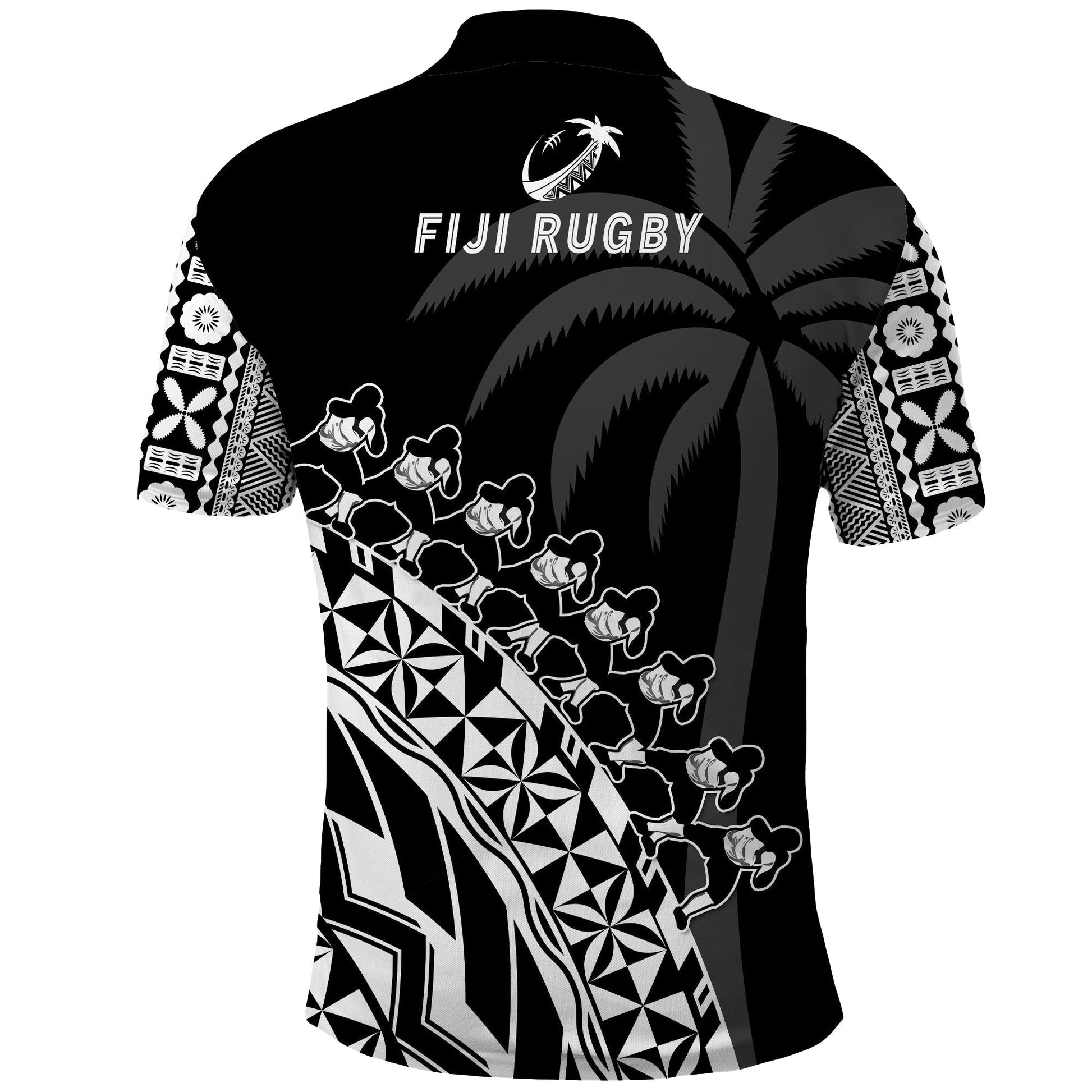Fiji Rugby Polo Shirt Fijian Cibi Dance Tapa Pattern Black LT14