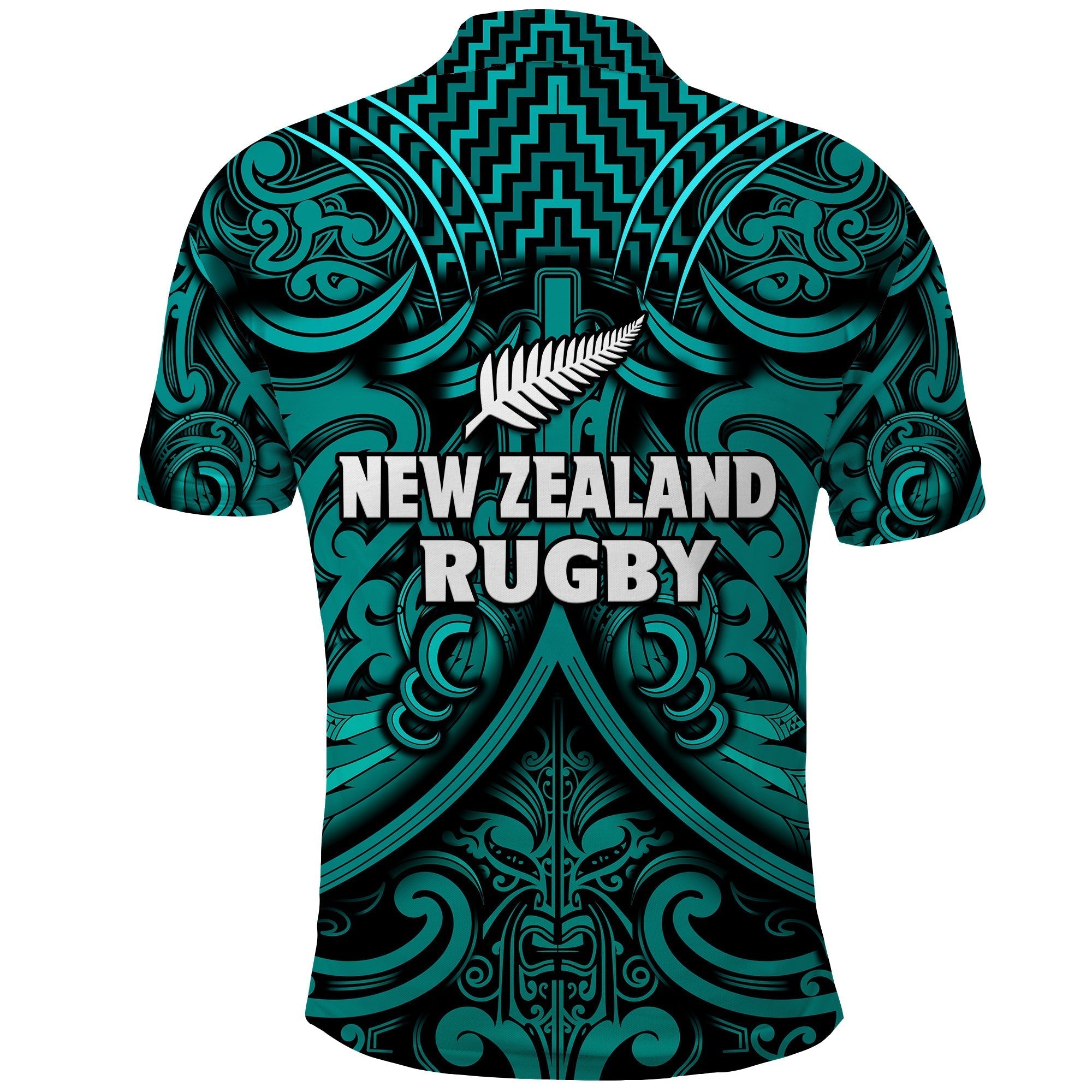 New Zealand Silver Fern Rugby Polo Shirt All Black Turquoise NZ Maori Pattern LT13