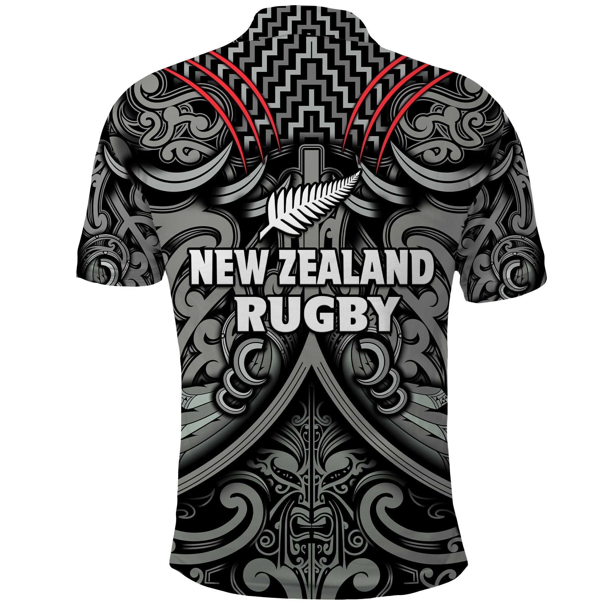 New Zealand Silver Fern Rugby Polo Shirt All Black NZ Maori Pattern LT13