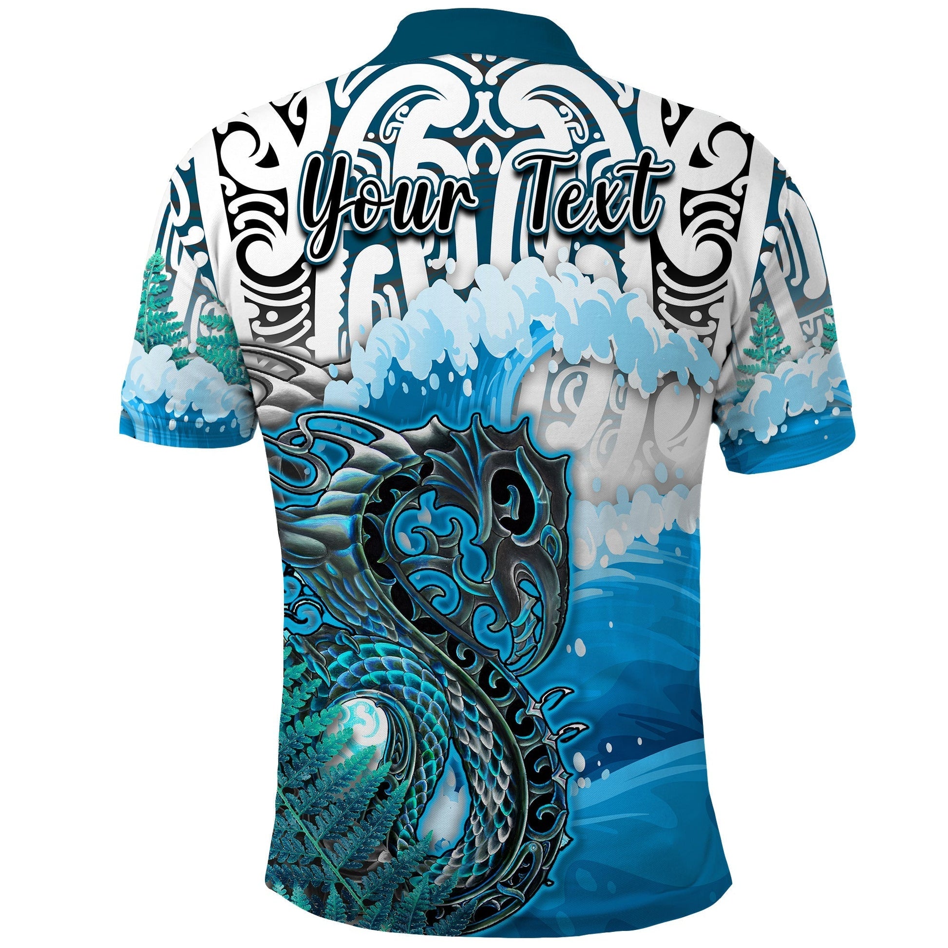Custom Manaia Maori Polo Shirt Fern Aotearoa Blue Waves LT13
