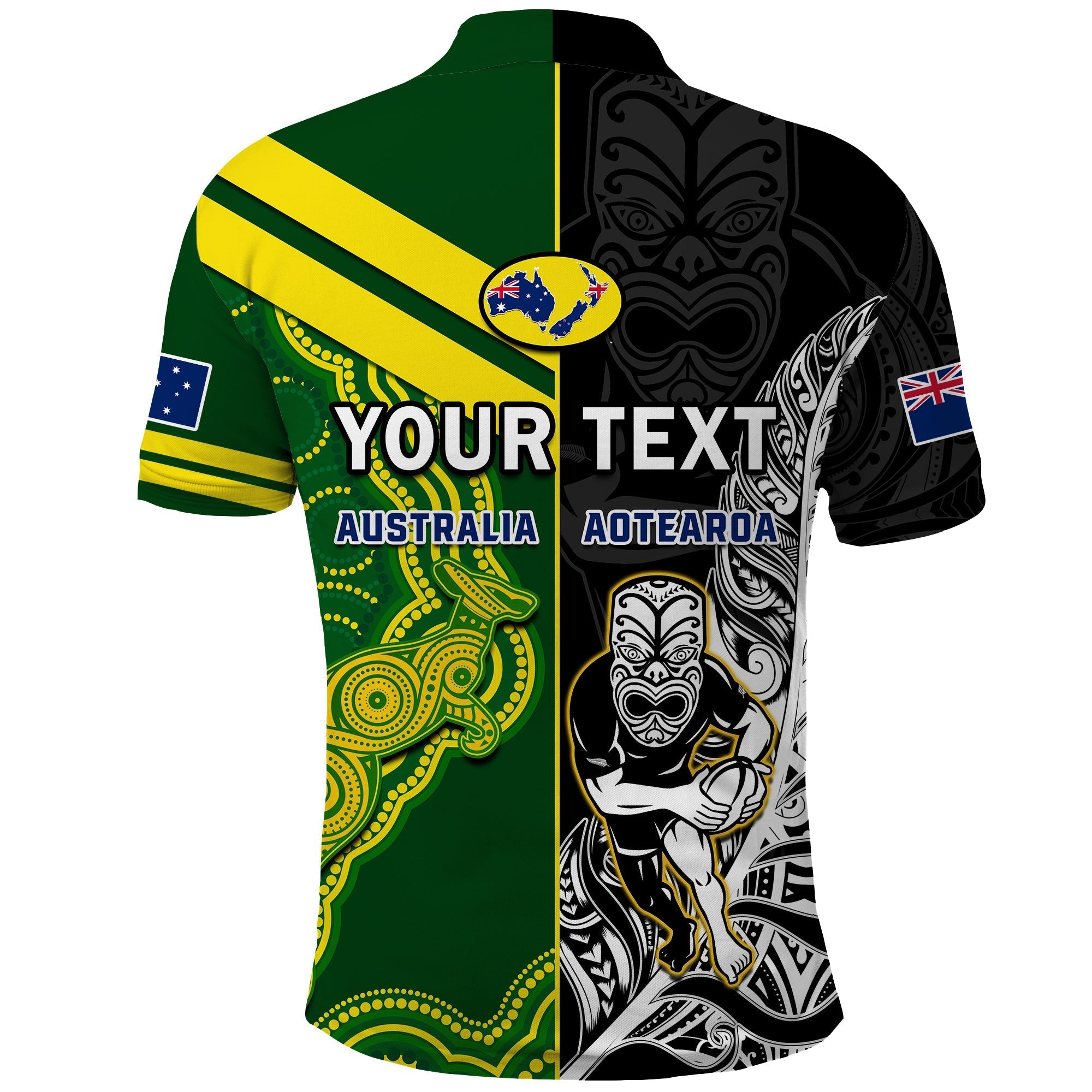 Custom Australia Kangaroos And All Black Rugby Polo Shirt Aboriginal Mix NZ Maori Fern LT14