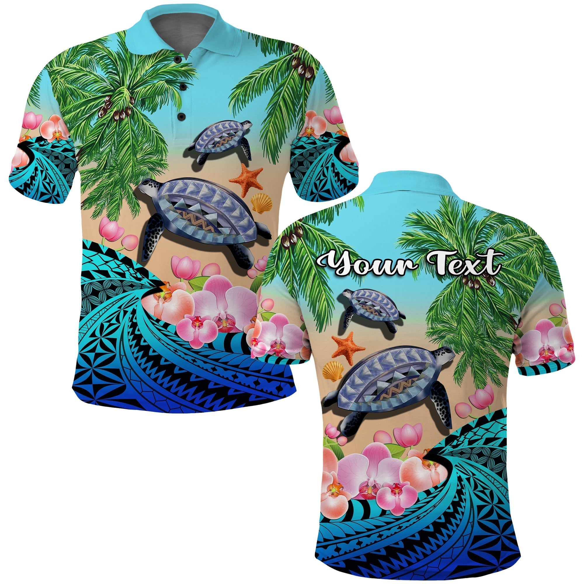 Custom Polynesian Turtle Coconut Tree And Orchids Polo Shirt LT14