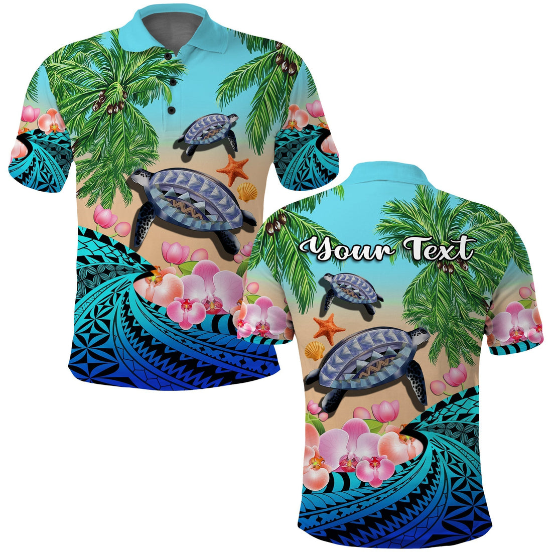 Custom Polynesian Turtle Coconut Tree And Orchids Polo Shirt LT14