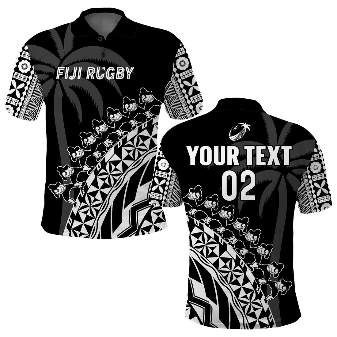 Custom Text And Number Fiji Rugby Polo Shirt Fijian Cibi Dance Tapa Pattern Black LT14