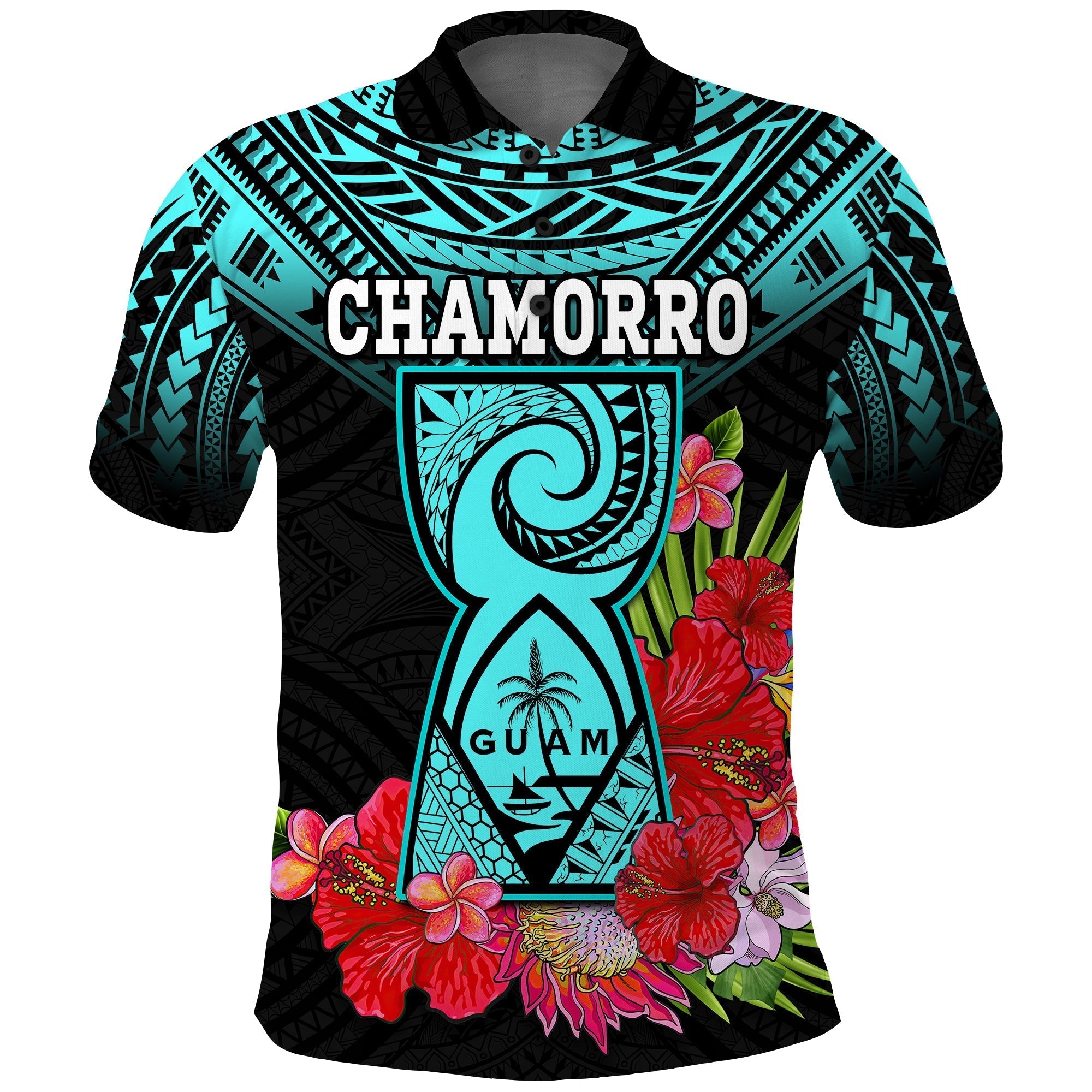 Custom Chamorro Guam Polo Shirt Guaman Latte Stone Tropical Flowers Turquoise Style LT14