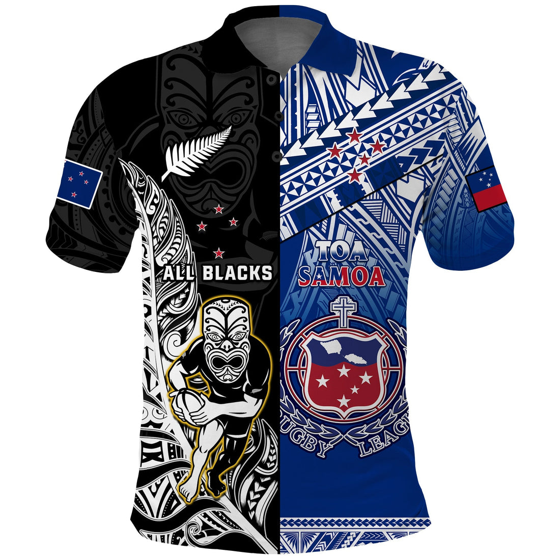 Custom All Black And Toa Samoa Rugby Polo Shirt NZ Maori Fern Mix Polynesian LT14