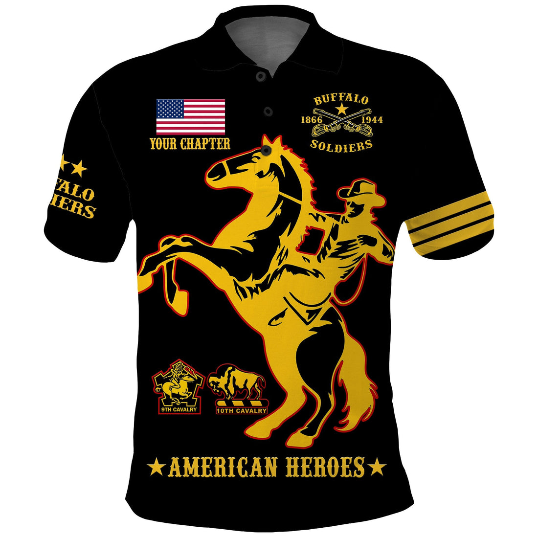 (Custom Text And Chapter) Buffalo Soldiers Polo Shirt BSMC United States Army Black LT14