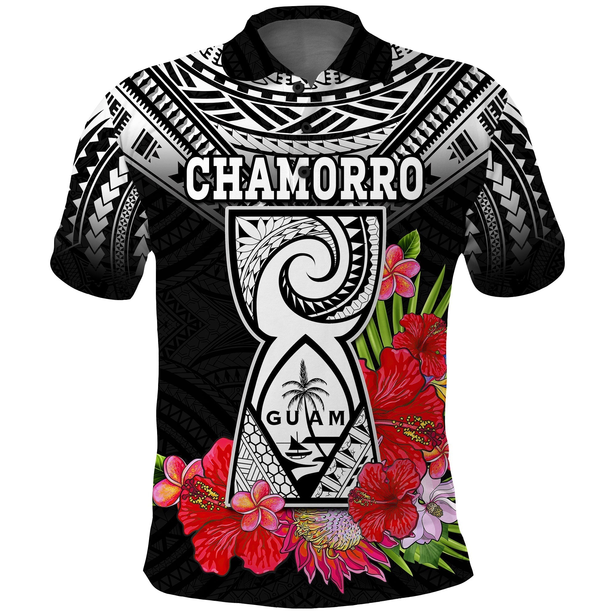 Custom Chamorro Guam Polo Shirt Guaman Latte Stone Tropical Flowers Black Style LT14