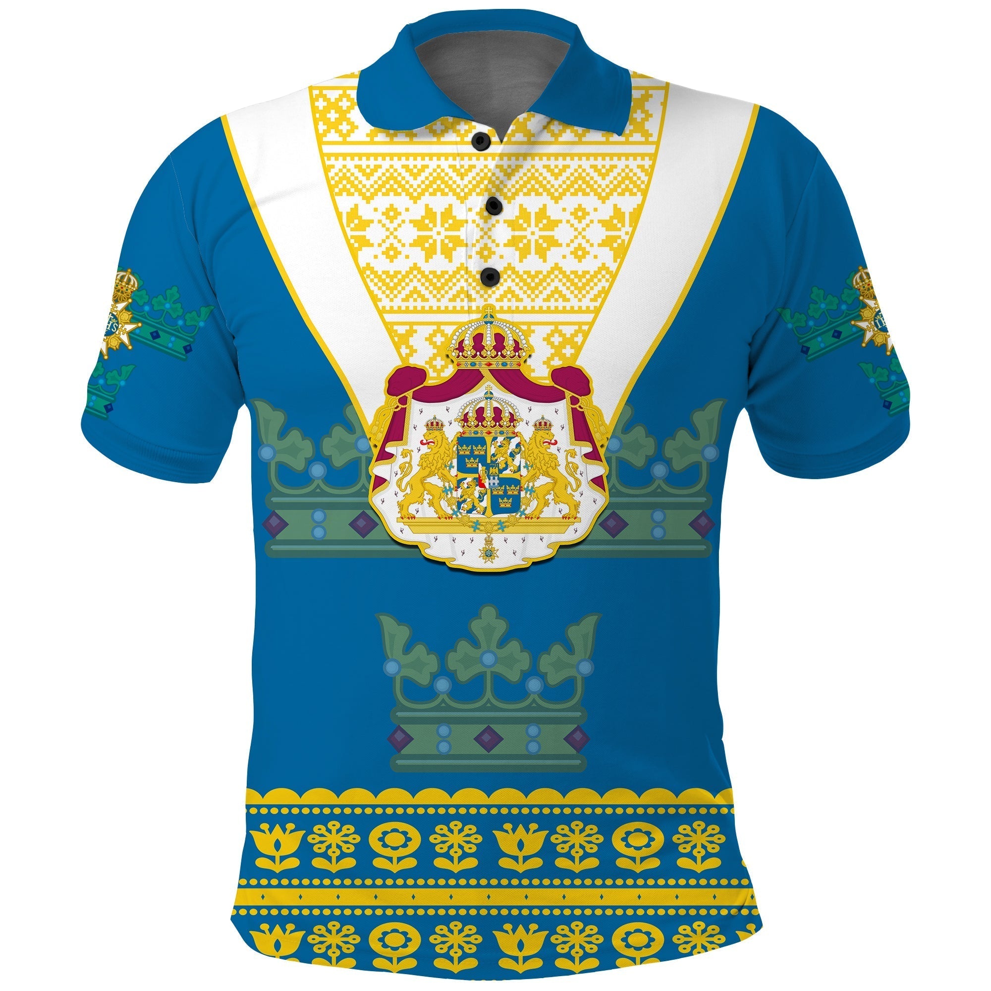 Sweden Polo Shirt Swedish Coat Of Arms With Scandinavian Flowers LT14