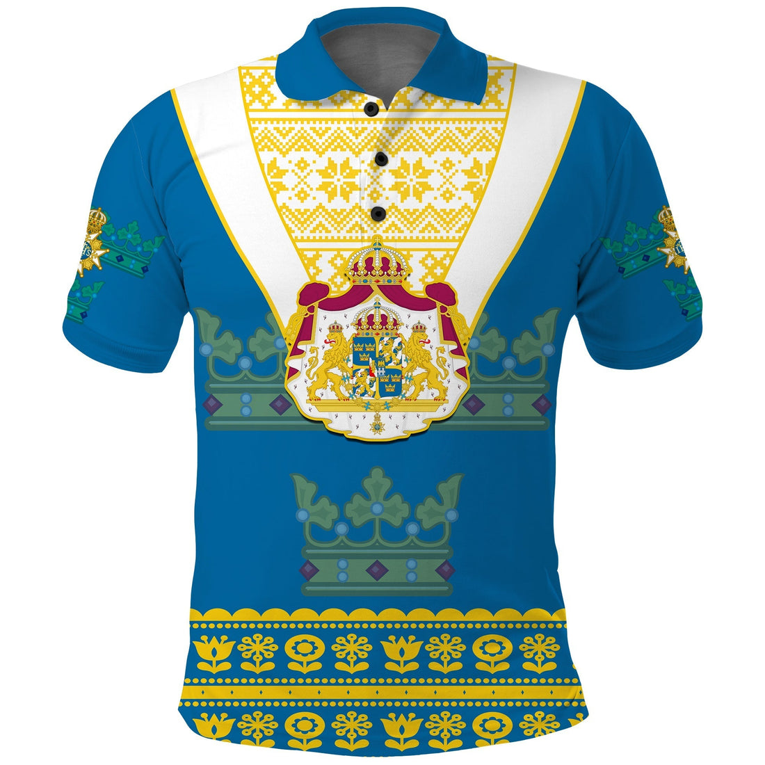 Sweden Polo Shirt Swedish Coat Of Arms With Scandinavian Flowers LT14