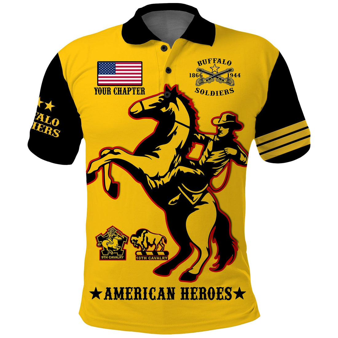 (Custom Text And Chapter) Buffalo Soldiers Polo Shirt BSMC United States Army Yellow LT14