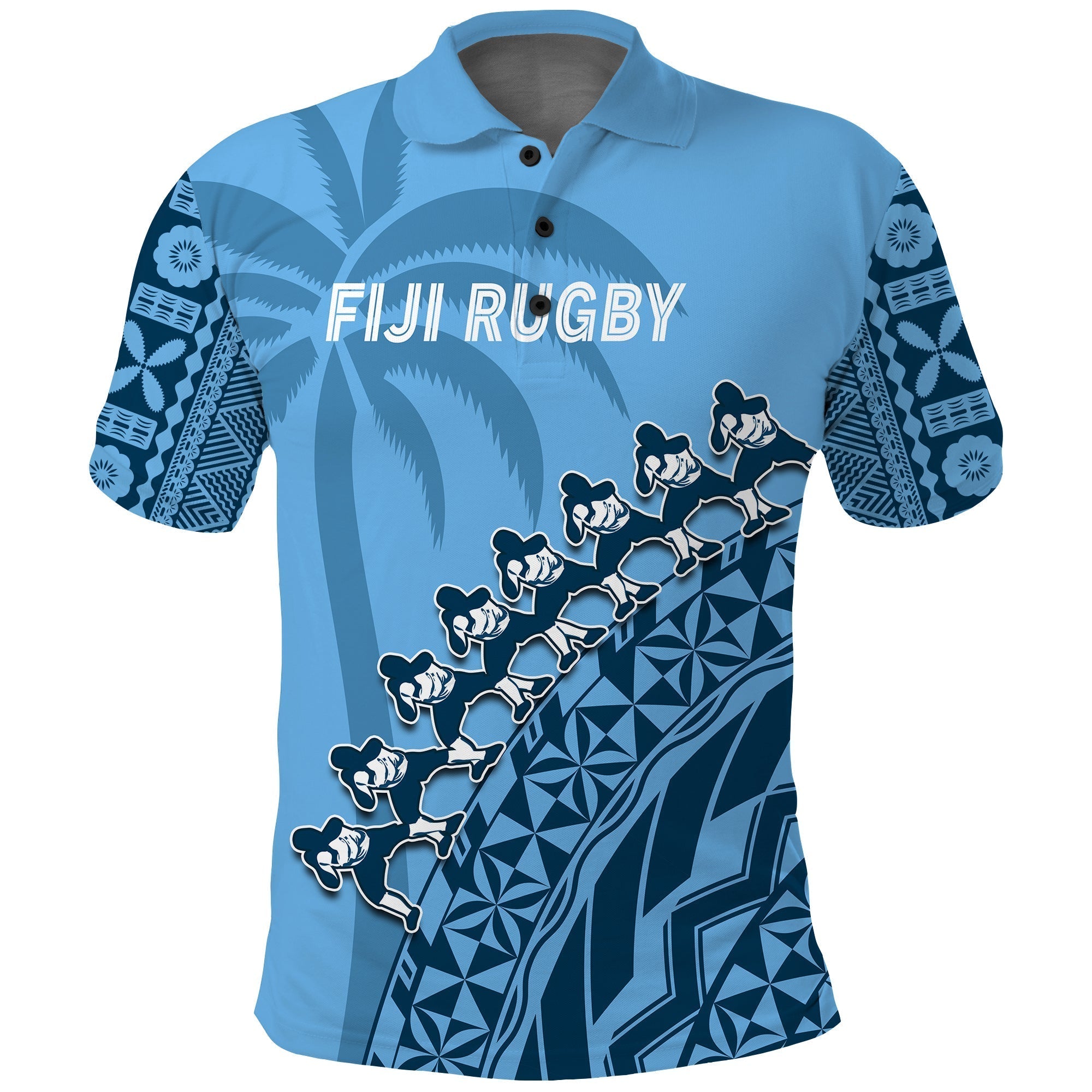 Custom Text And Number Fiji Tapa Rugby Polo Shirt Fijian Cibi Dance Tapa Pattern Blue LT14