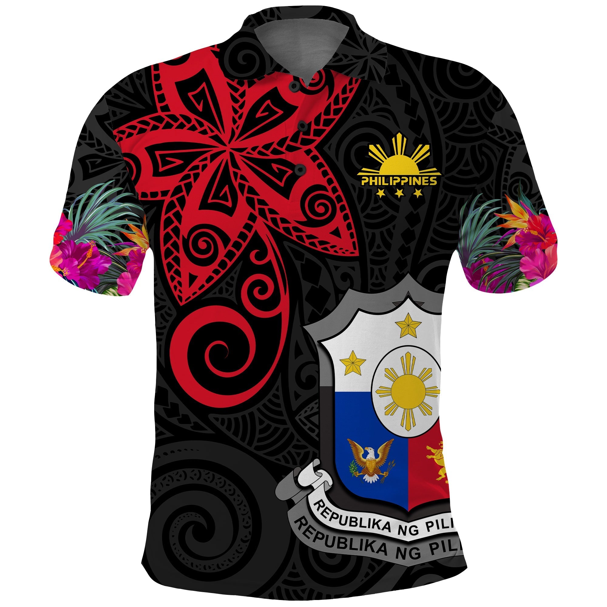 Custom Philippines Polo Shirt Sun Filipino Polynesian mix Flowers Black Vibe LT13