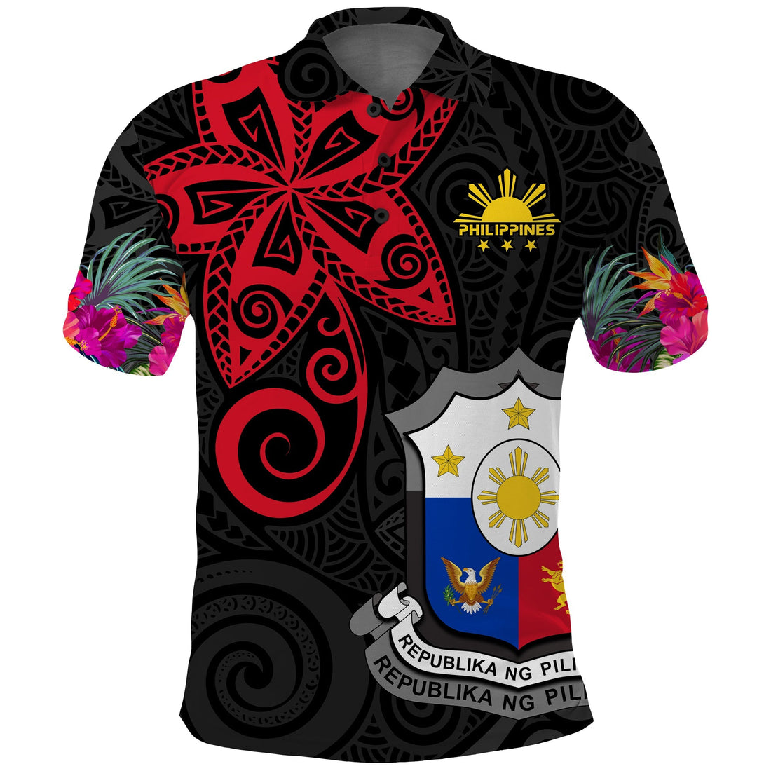 Custom Philippines Polo Shirt Sun Filipino Polynesian mix Flowers Black Vibe LT13