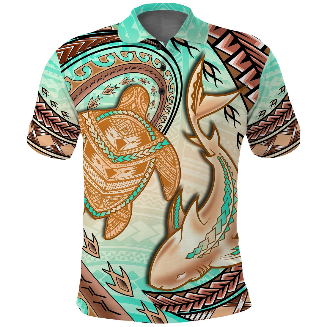 Hawaii Polo Shirt Polynesian Shark And Sea Turtle Dreamy Turquoise Artsy LT14
