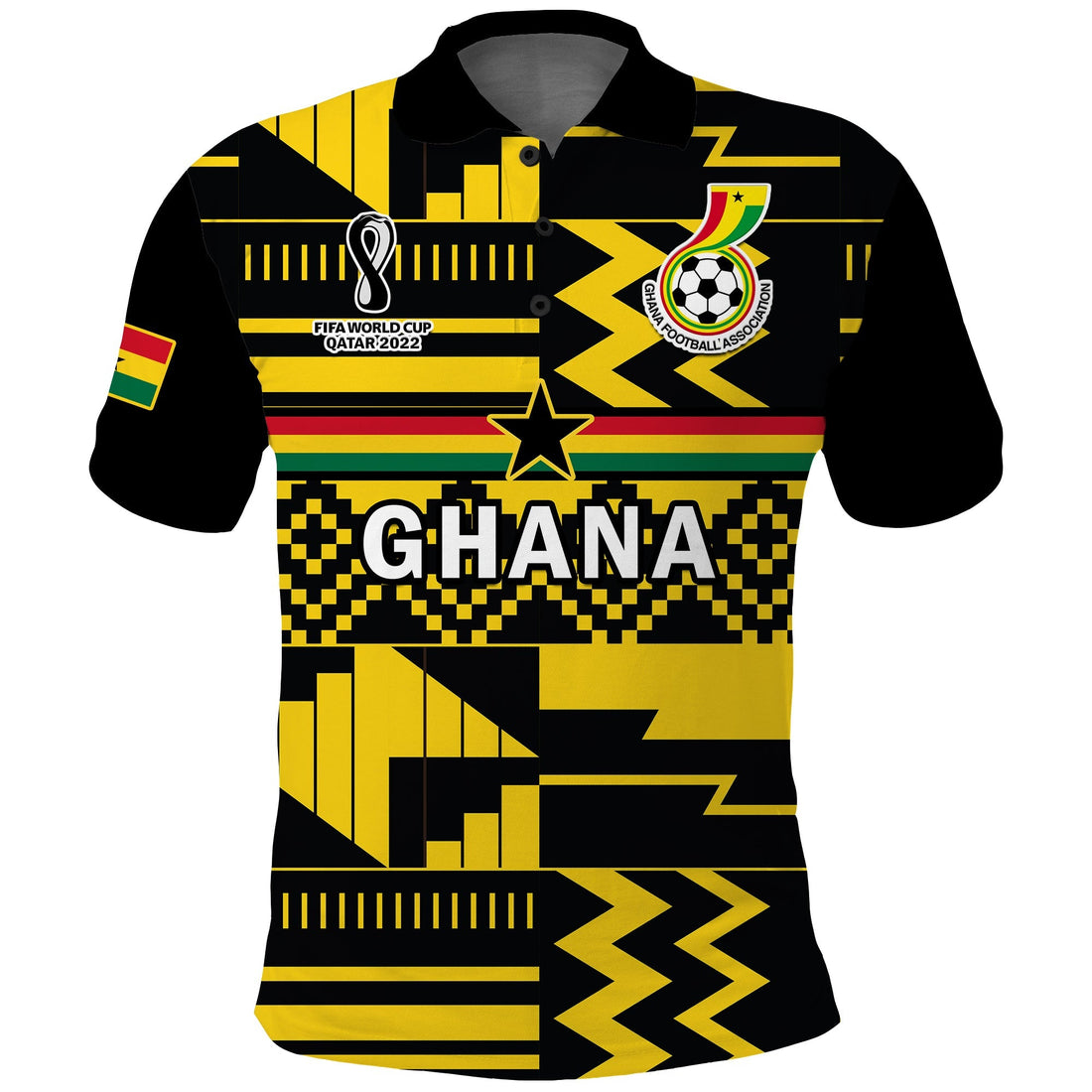 (Custom Text And Number) Ghana Football Polo Shirt Black Stars Kente Football 2022 Yellow LT14