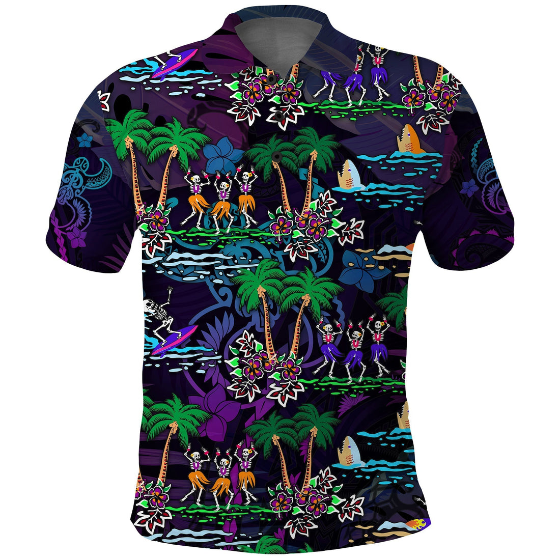 Hawaii Skeleton Dancing Polo Shirt Halloween Hawaiian Turtle LT13