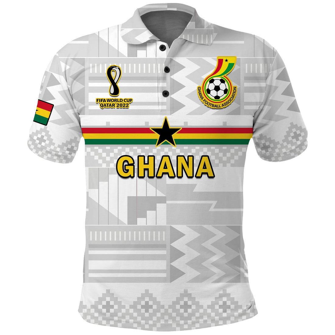 (Custom Text And Number) Ghana Football Polo Shirt Black Stars Kente Football 2022 White LT14