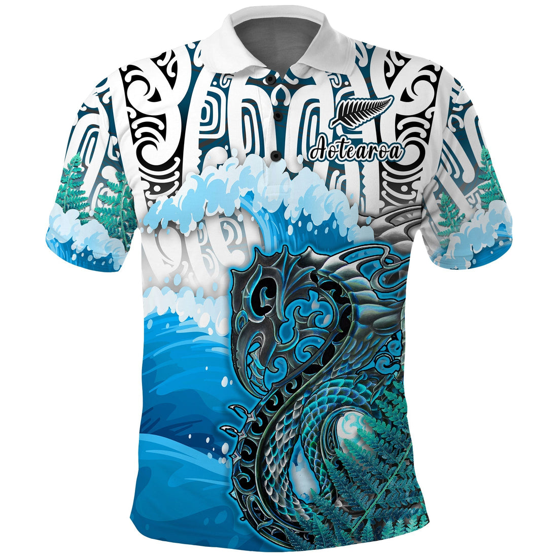 Custom Manaia Maori Polo Shirt Fern Aotearoa Blue Waves LT13