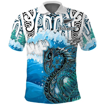 Custom Manaia Maori Polo Shirt Fern Aotearoa Blue Waves LT13