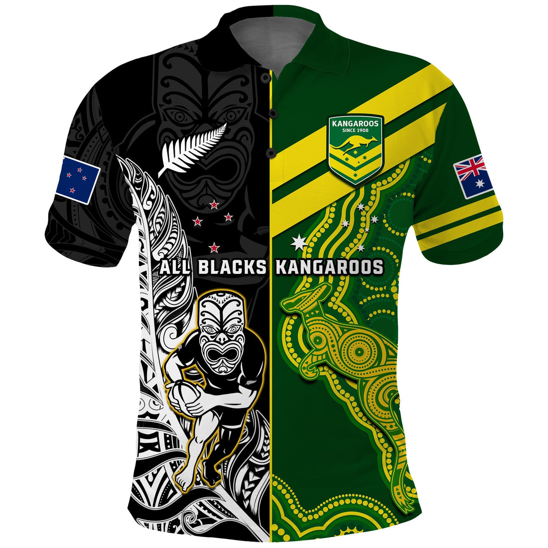 Custom Australia Kangaroos And All Black Rugby Polo Shirt Aboriginal Mix NZ Maori Fern LT14