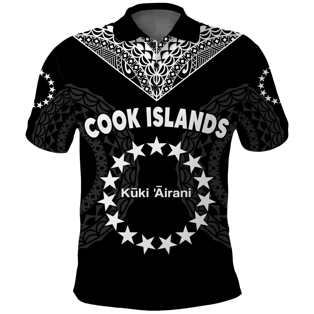 Cook Islands Polo Shirt Circle Pattern Mix Sea Turtle Black Version LT14