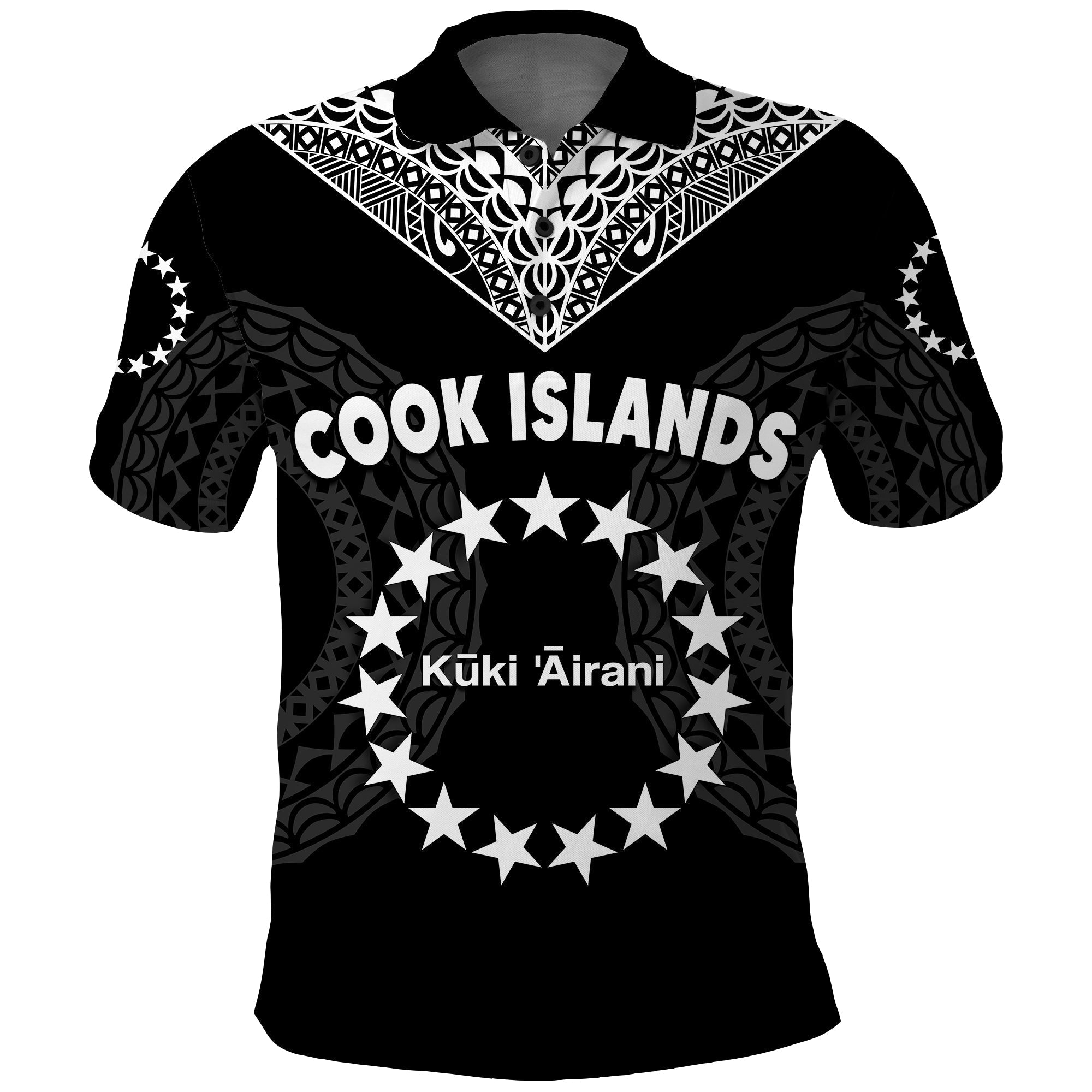 Cook Islands Polo Shirt Circle Pattern Mix Sea Turtle Black Version LT14