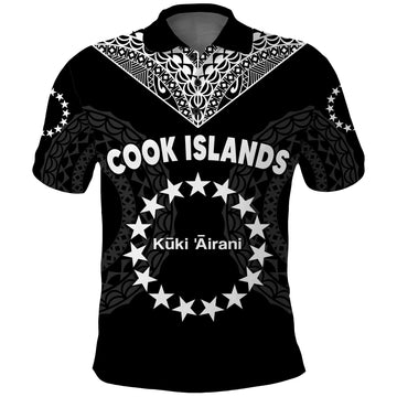 Cook Islands Polo Shirt Circle Pattern Mix Sea Turtle Black Version LT14