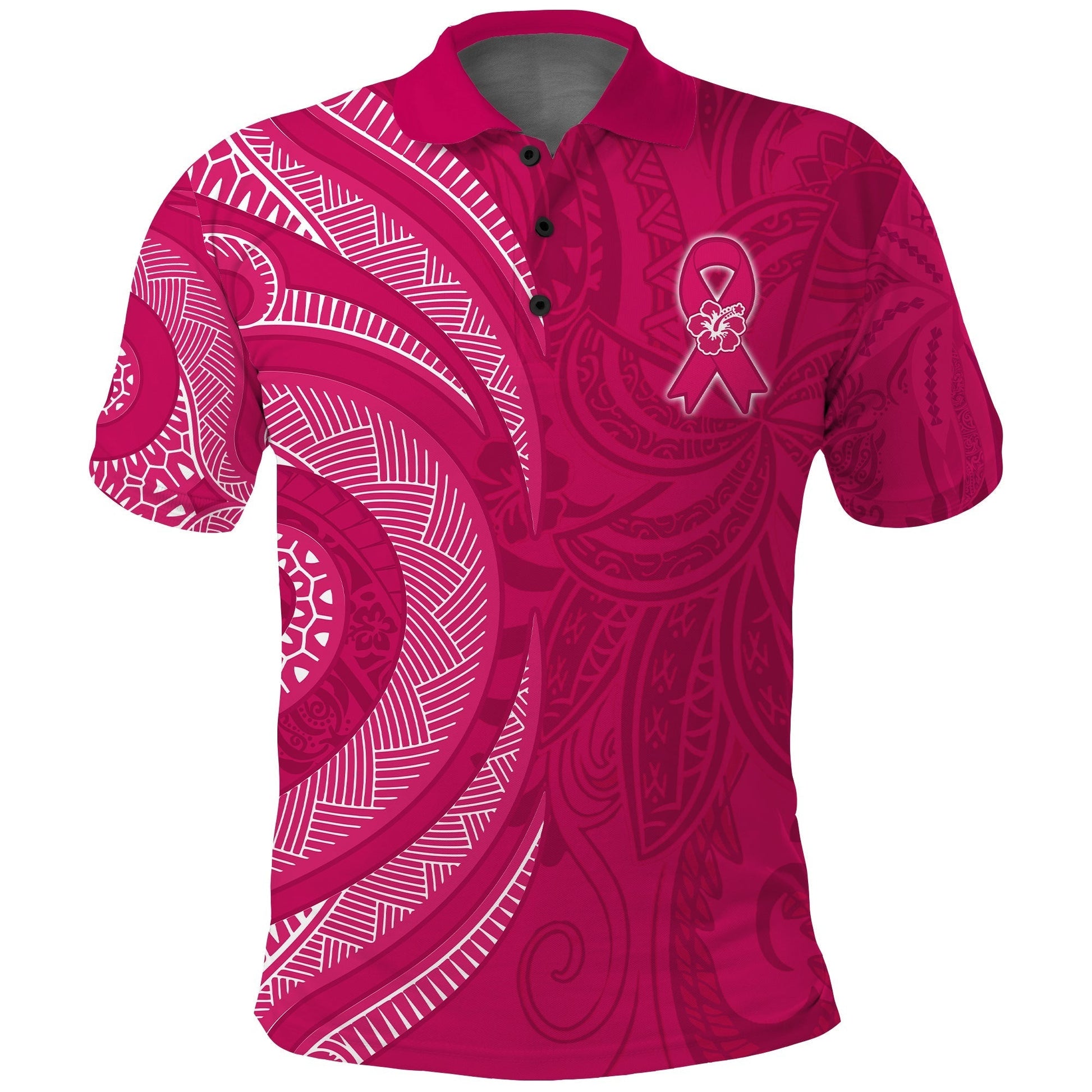 Custom Breast Cancer Awareness Polo Shirt Hibiscus Polynesian No One Fights Alone LT13