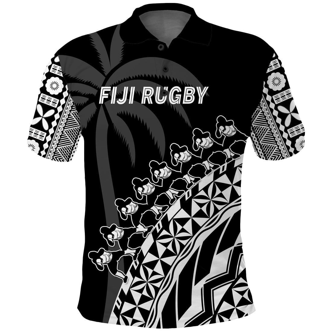 Fiji Rugby Polo Shirt Fijian Cibi Dance Tapa Pattern Black LT14