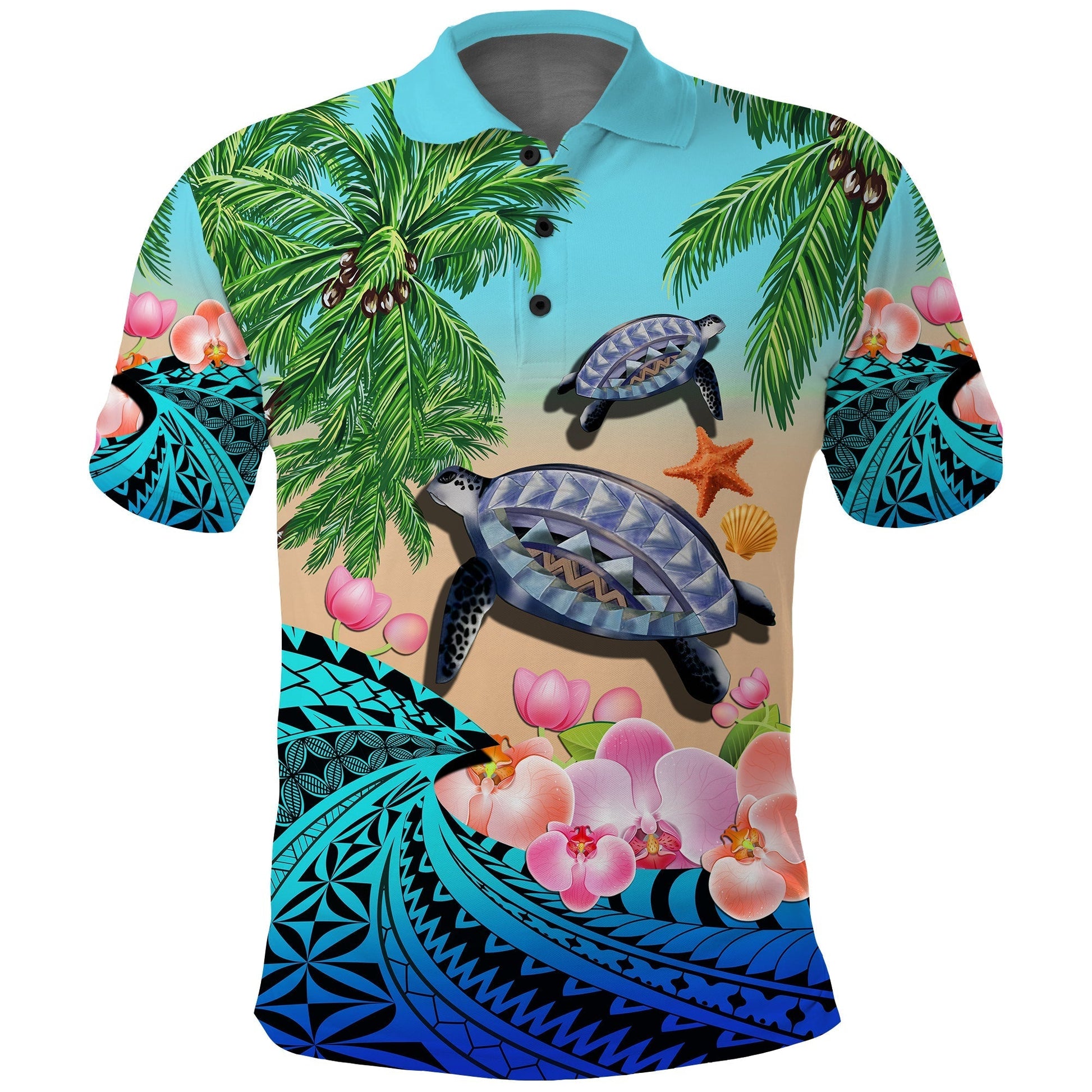 Custom Polynesian Turtle Coconut Tree And Orchids Polo Shirt LT14